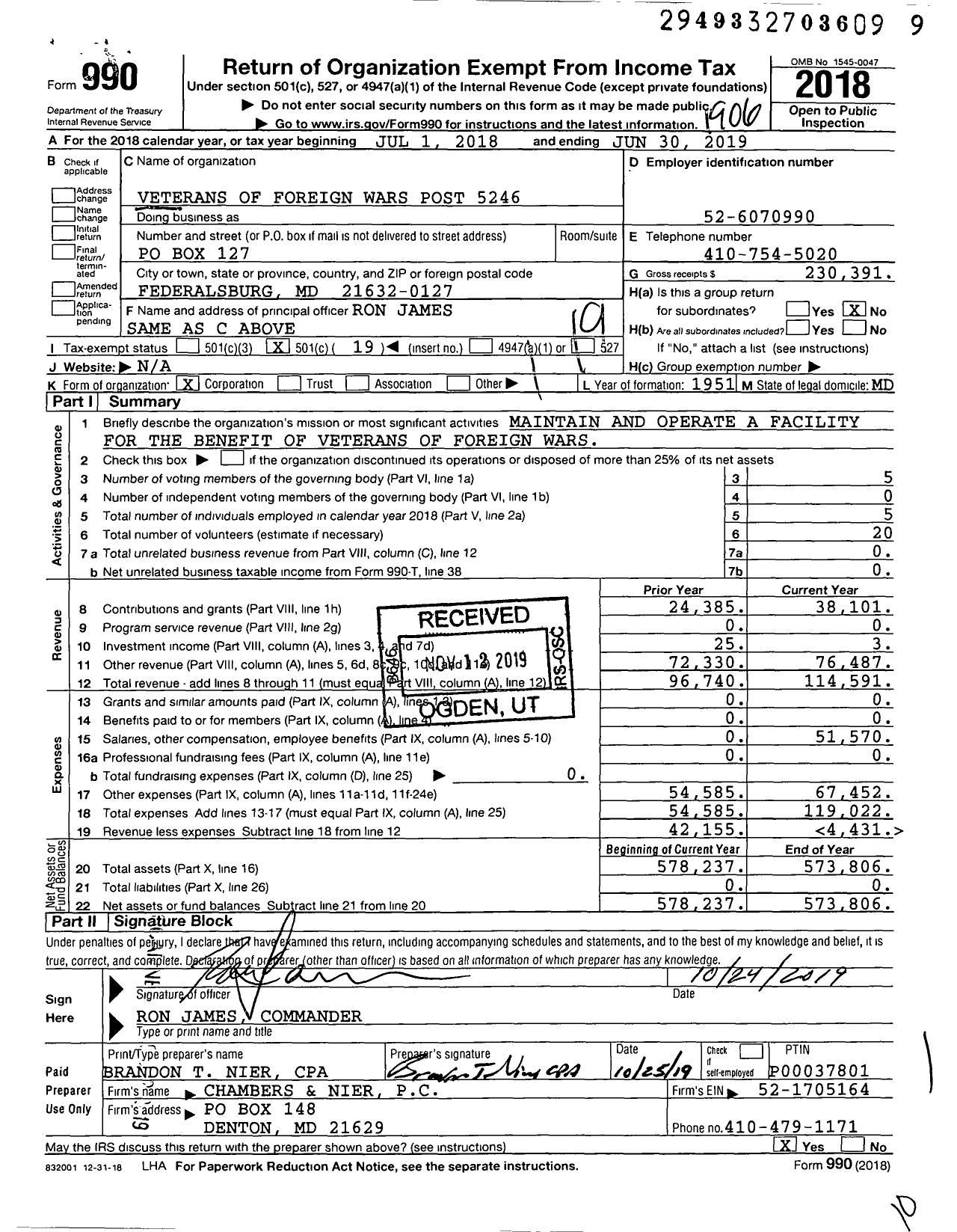 Image of first page of 2018 Form 990O for VFW Department of Maryland - Post 5246