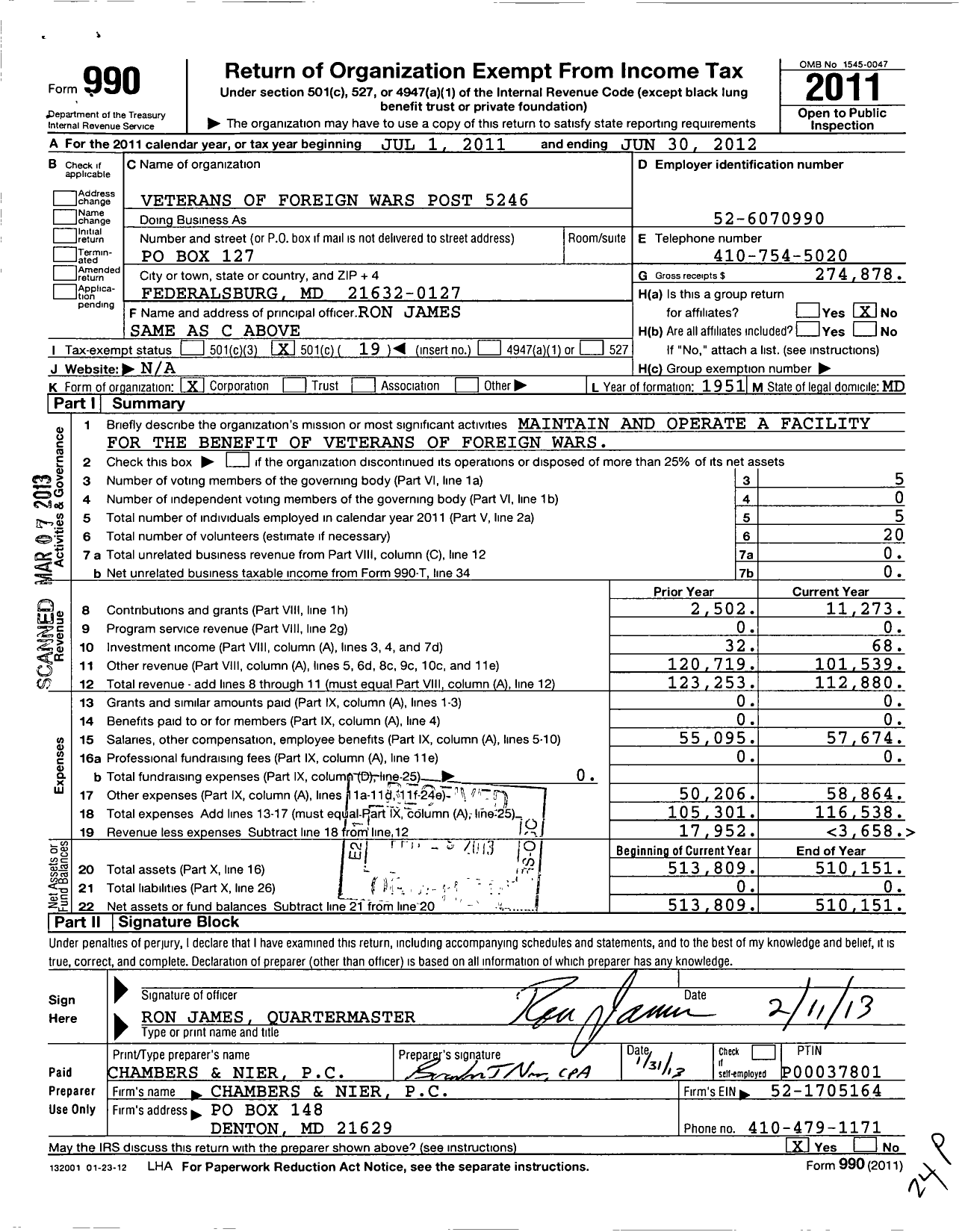 Image of first page of 2011 Form 990O for VFW Department of Maryland - Post 5246