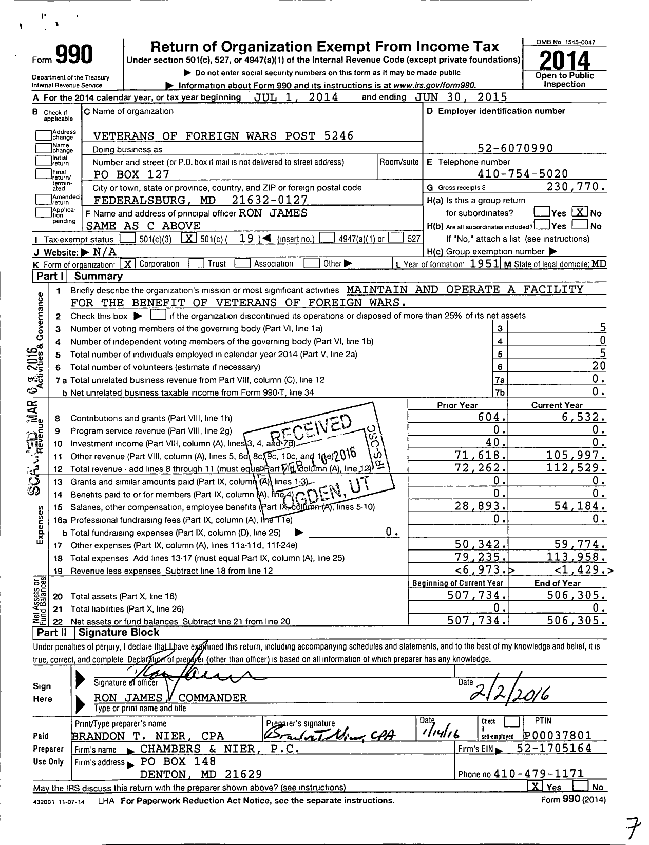 Image of first page of 2014 Form 990O for VFW Department of Maryland - Post 5246