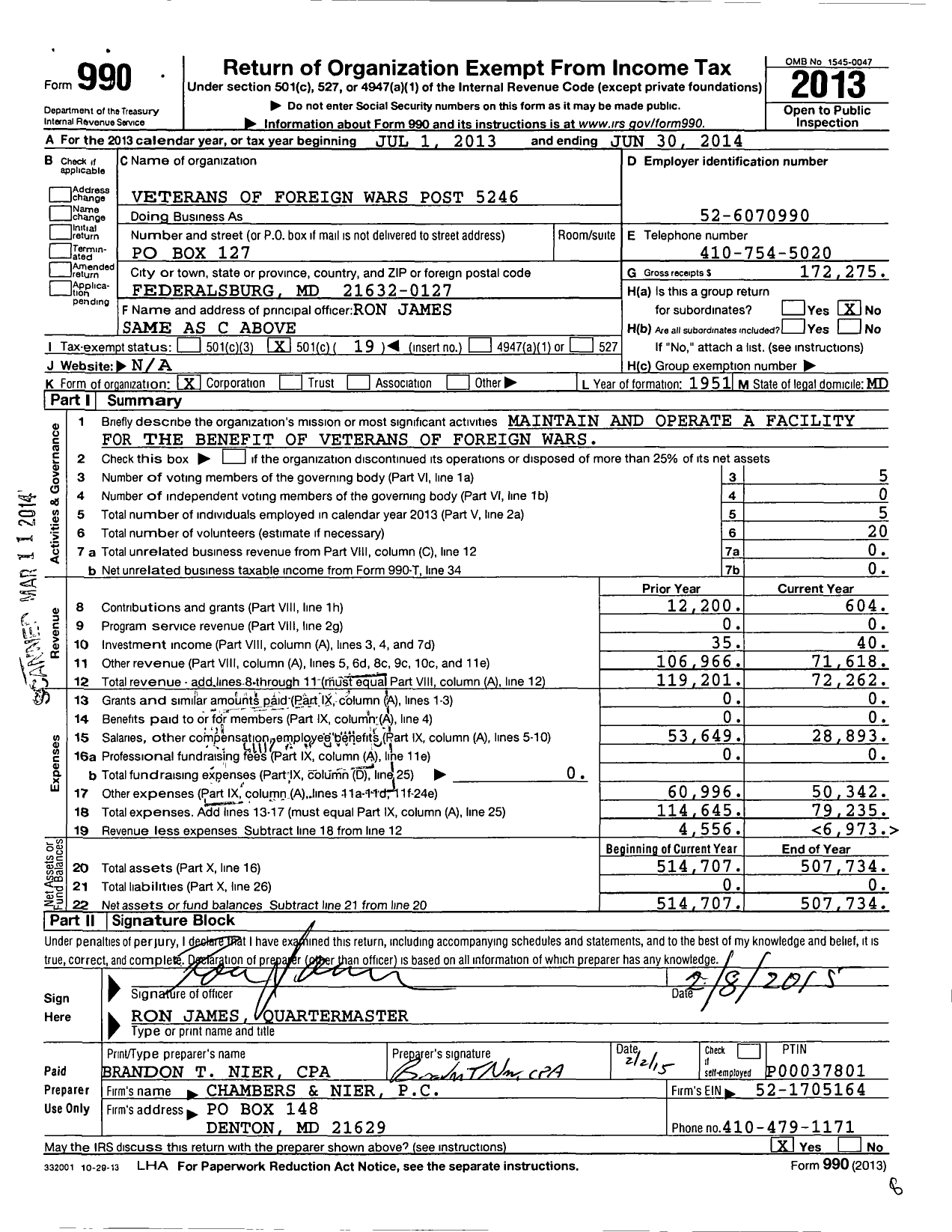 Image of first page of 2013 Form 990O for VFW Department of Maryland - Post 5246