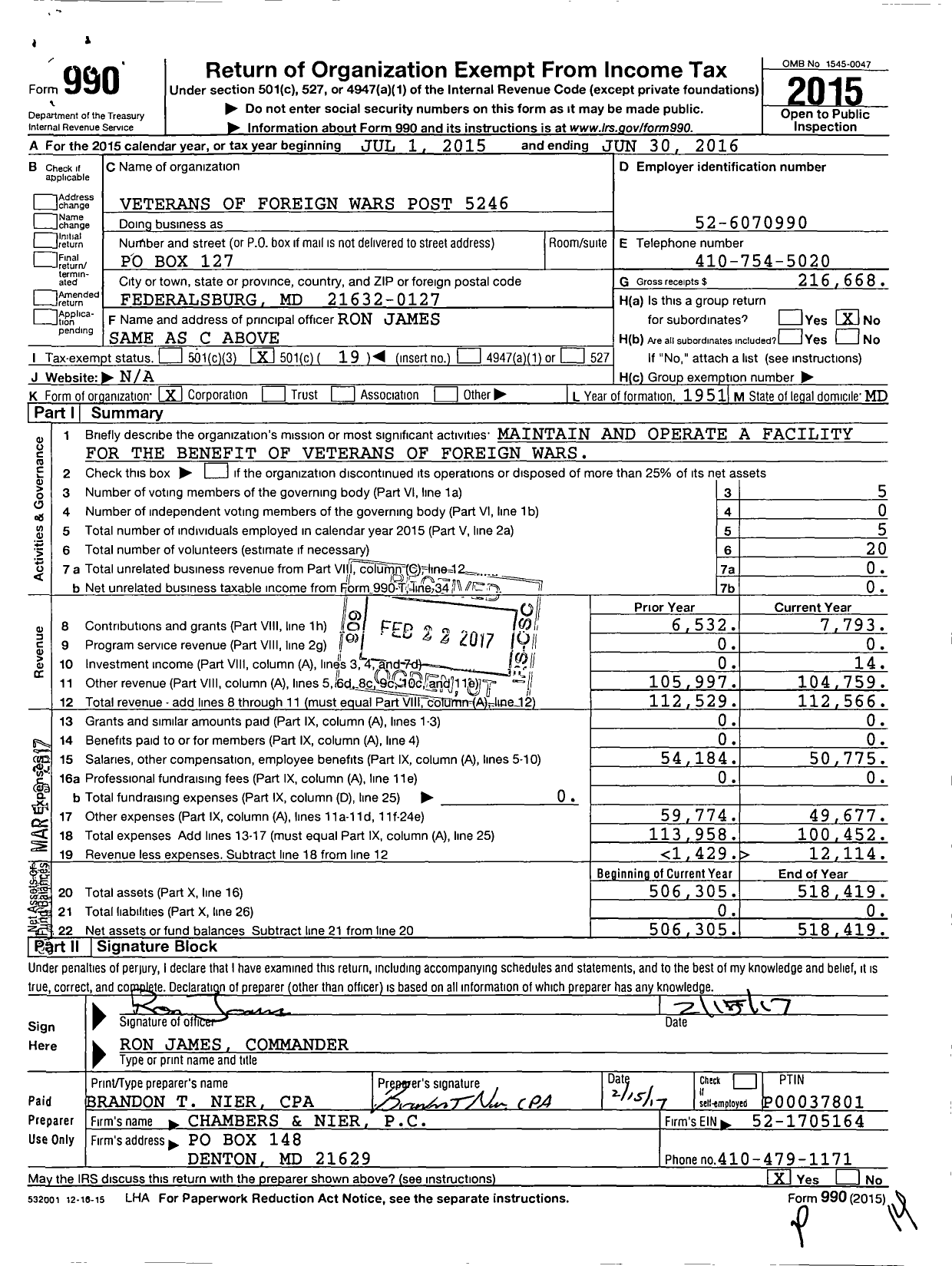 Image of first page of 2015 Form 990O for VFW Department of Maryland - Post 5246