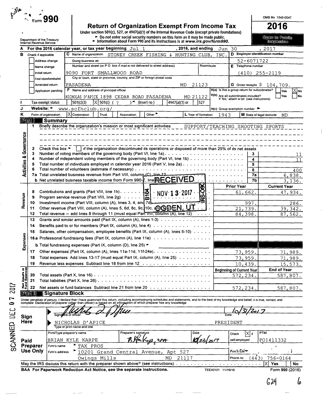 Image of first page of 2016 Form 990O for Stoney Creek Fishing and Hunting Club