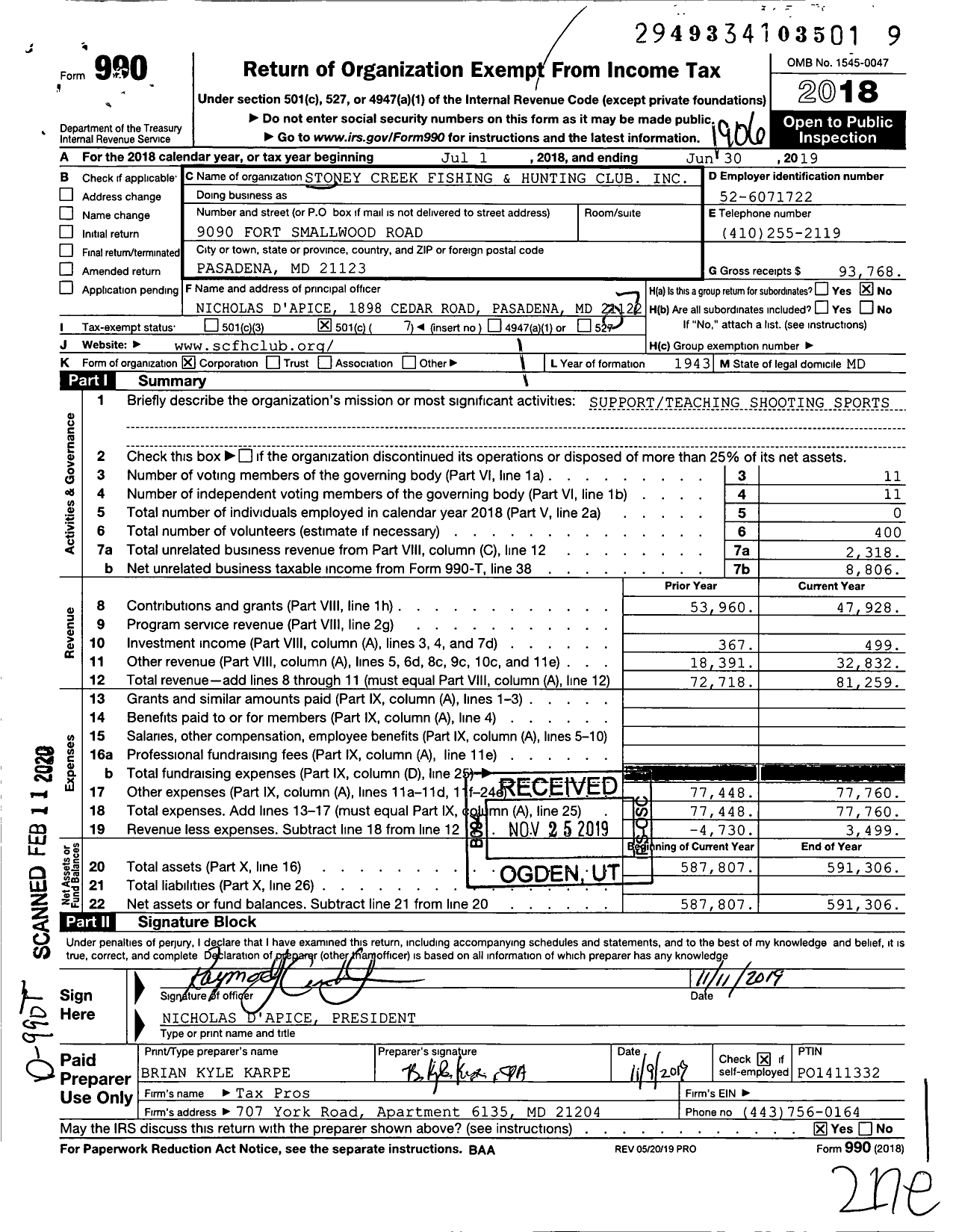 Image of first page of 2018 Form 990O for Stoney Creek Fishing and Hunting Club