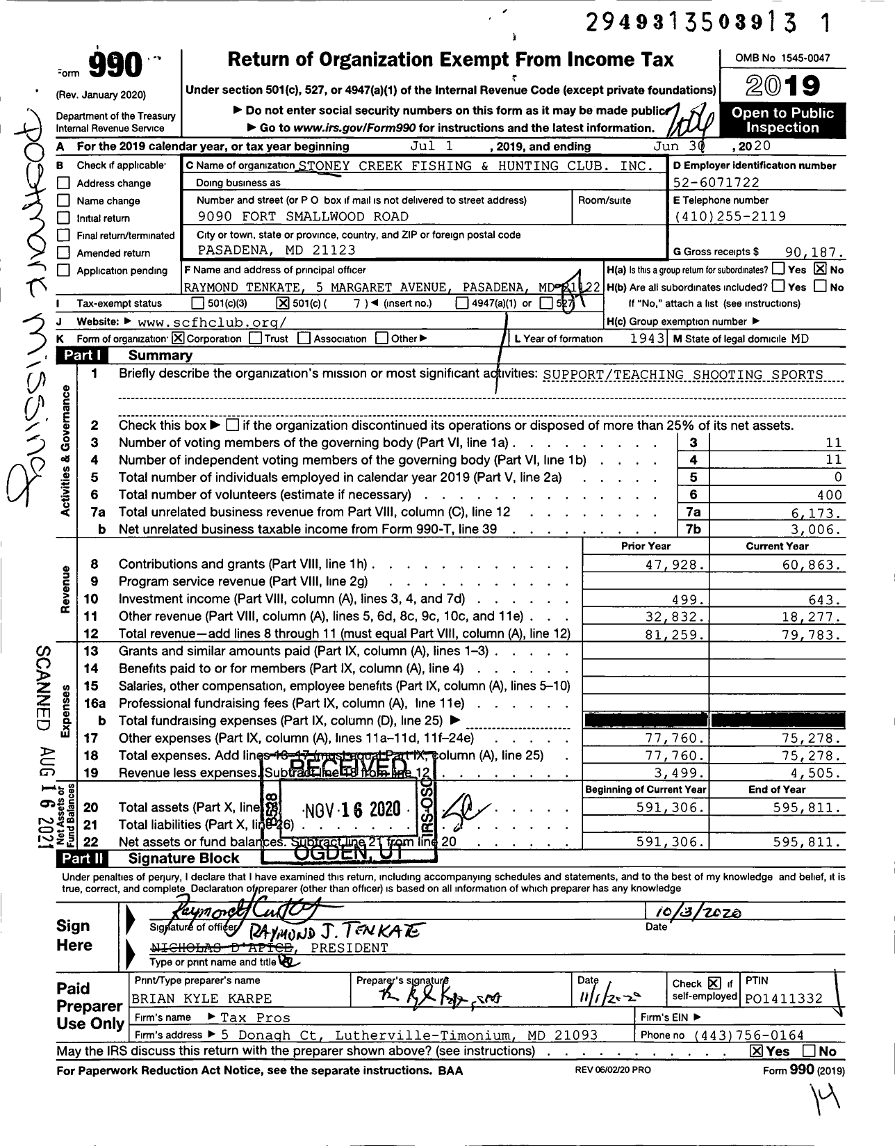 Image of first page of 2019 Form 990O for Stoney Creek Fishing and Hunting Club