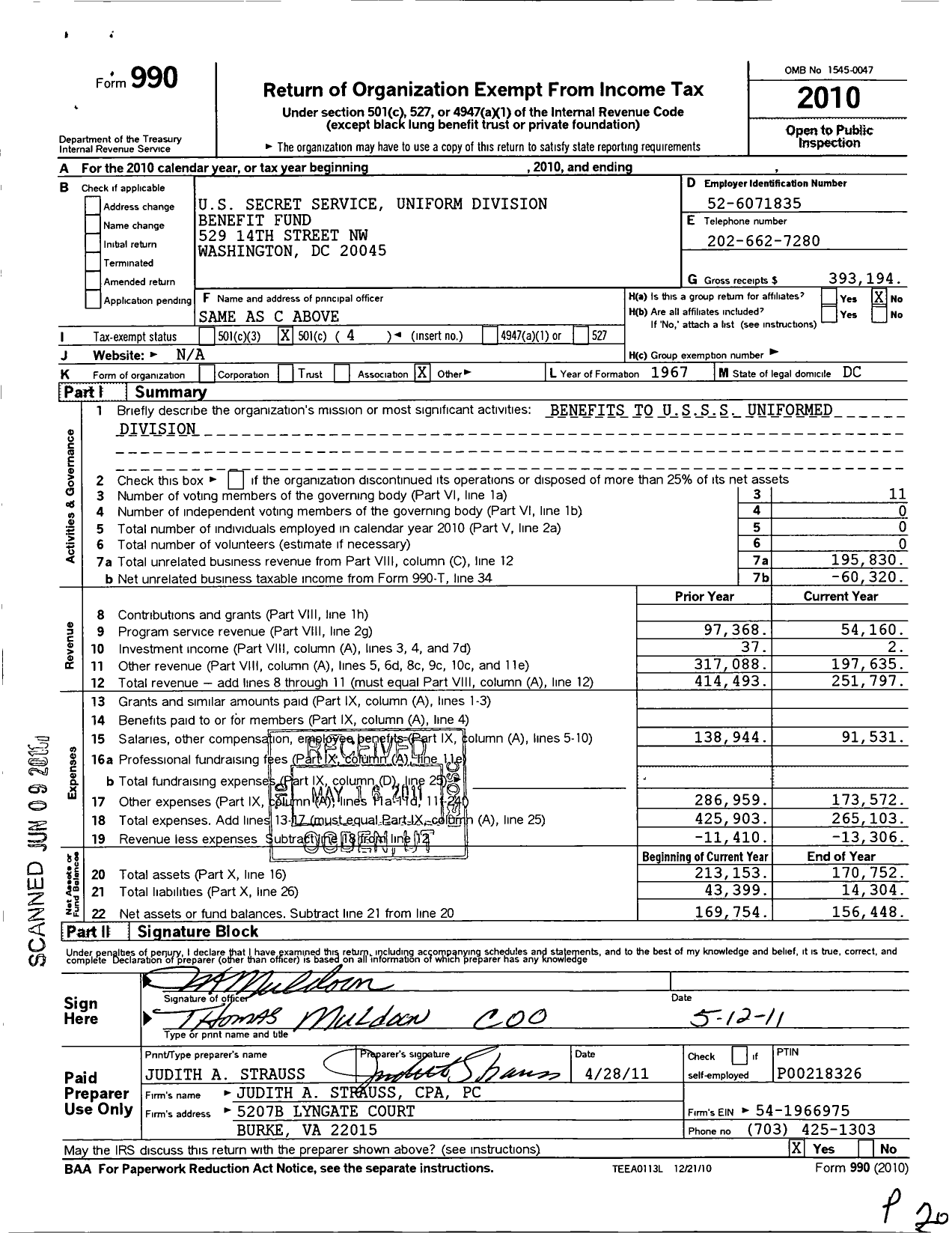 Image of first page of 2010 Form 990O for United States Secret Service Benefit Fund Uniform Division