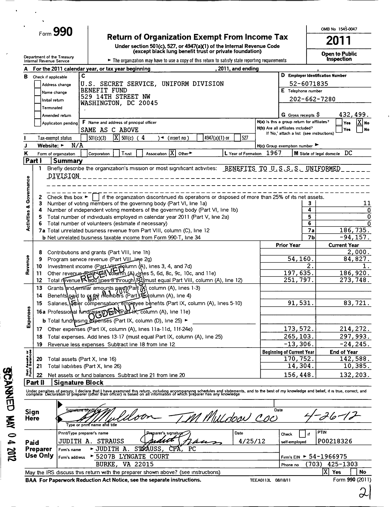 Image of first page of 2011 Form 990O for United States Secret Service Benefit Fund Uniform Division