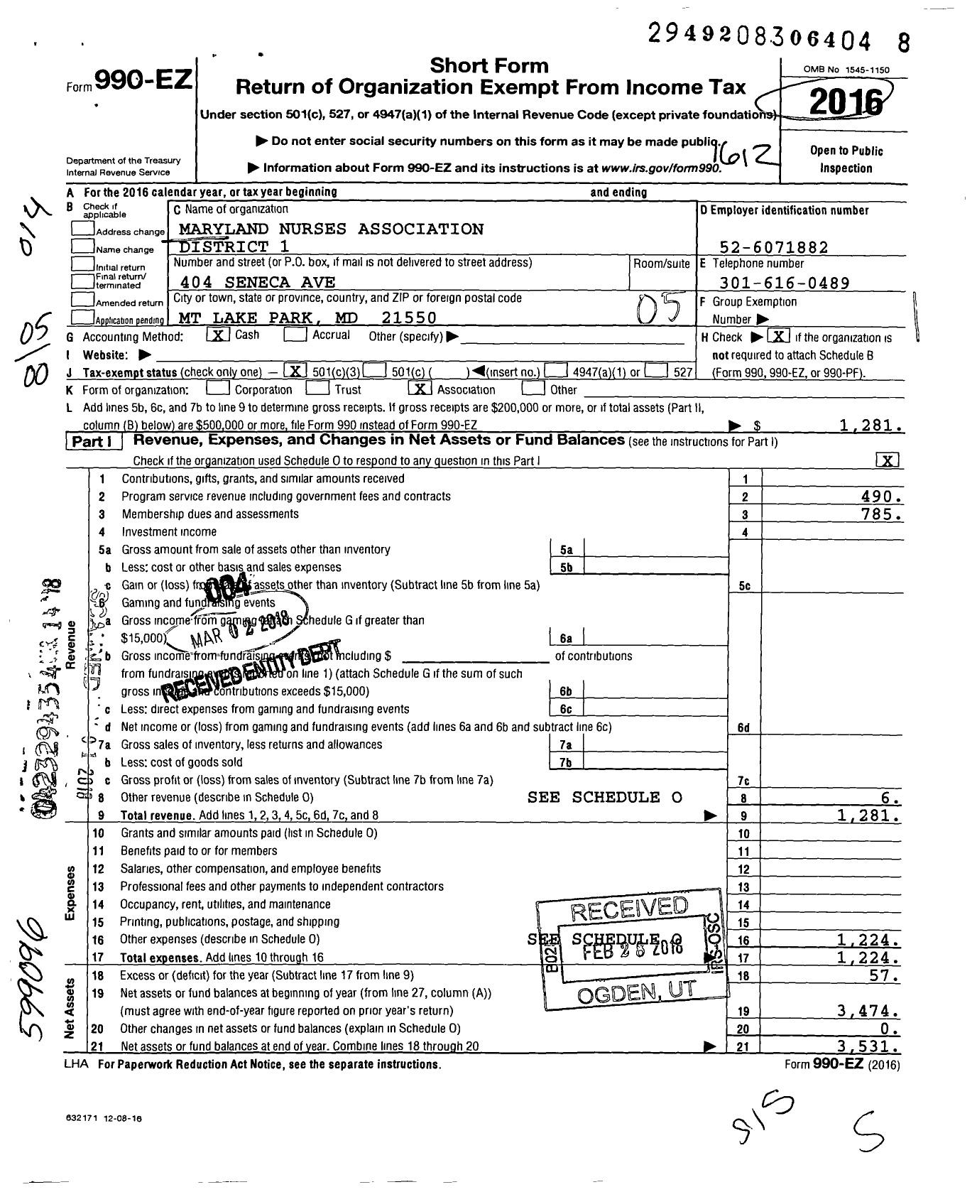 Image of first page of 2016 Form 990EO for Maryland Nurses Association - 1 District