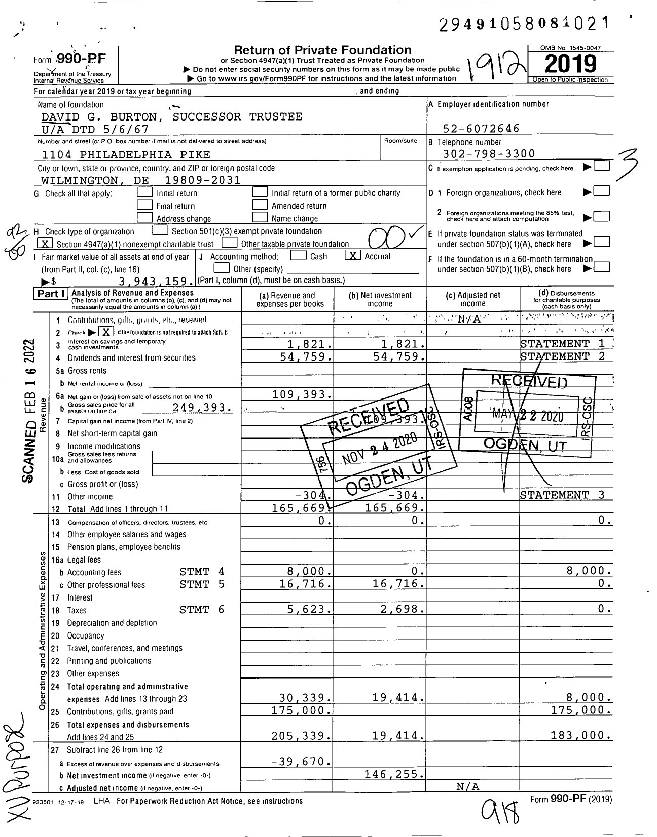 Image of first page of 2019 Form 990PF for David G Burton Successor Trustee U / A DTD 5 / 6 / 67