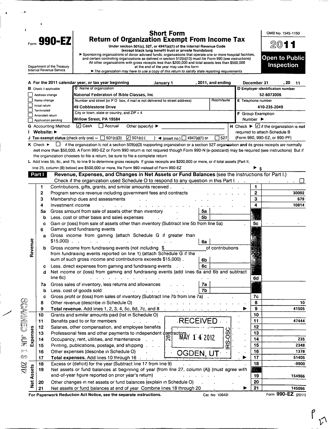 Image of first page of 2011 Form 990EO for National Federation of Bible Classes