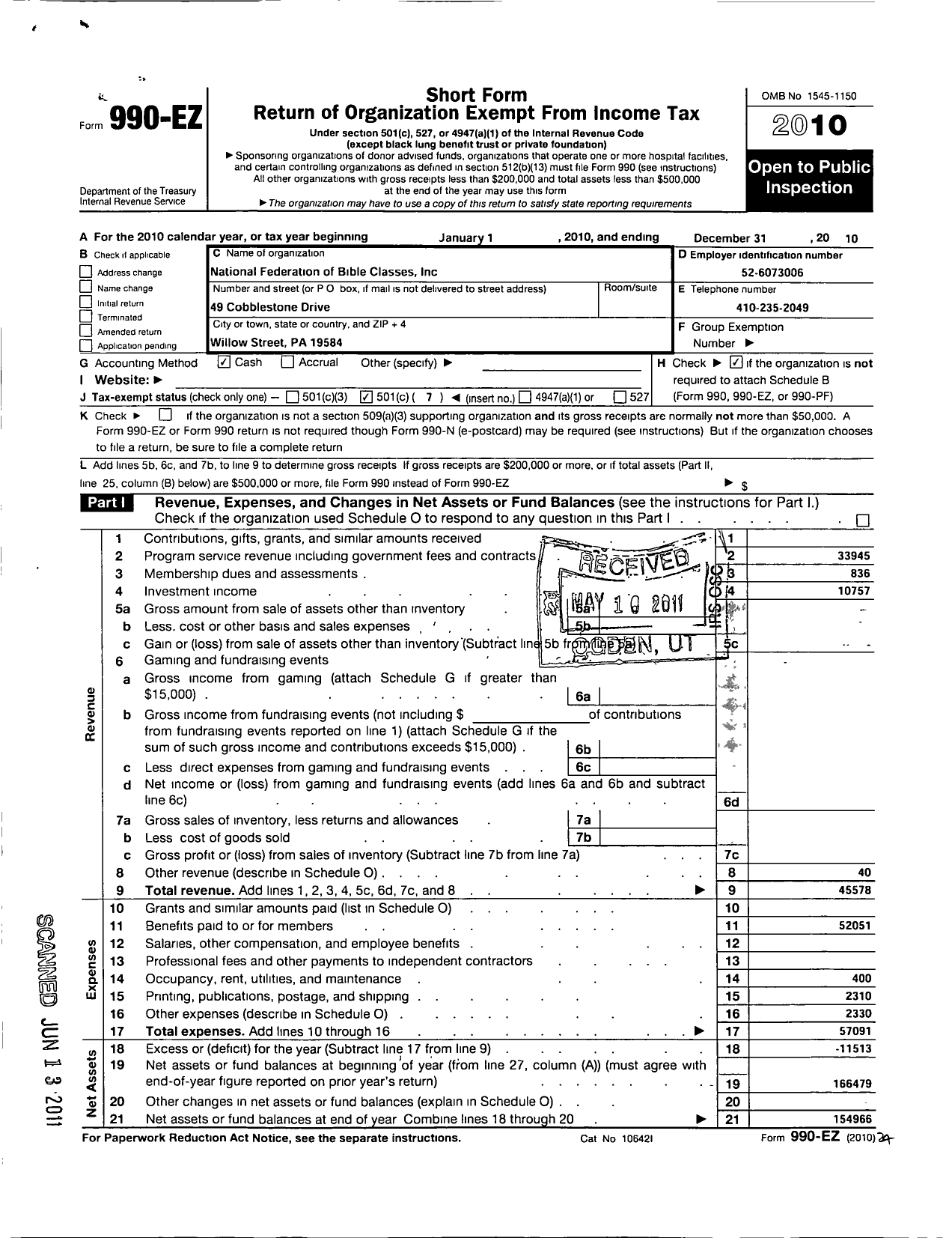 Image of first page of 2010 Form 990EO for National Federation of Bible Classes