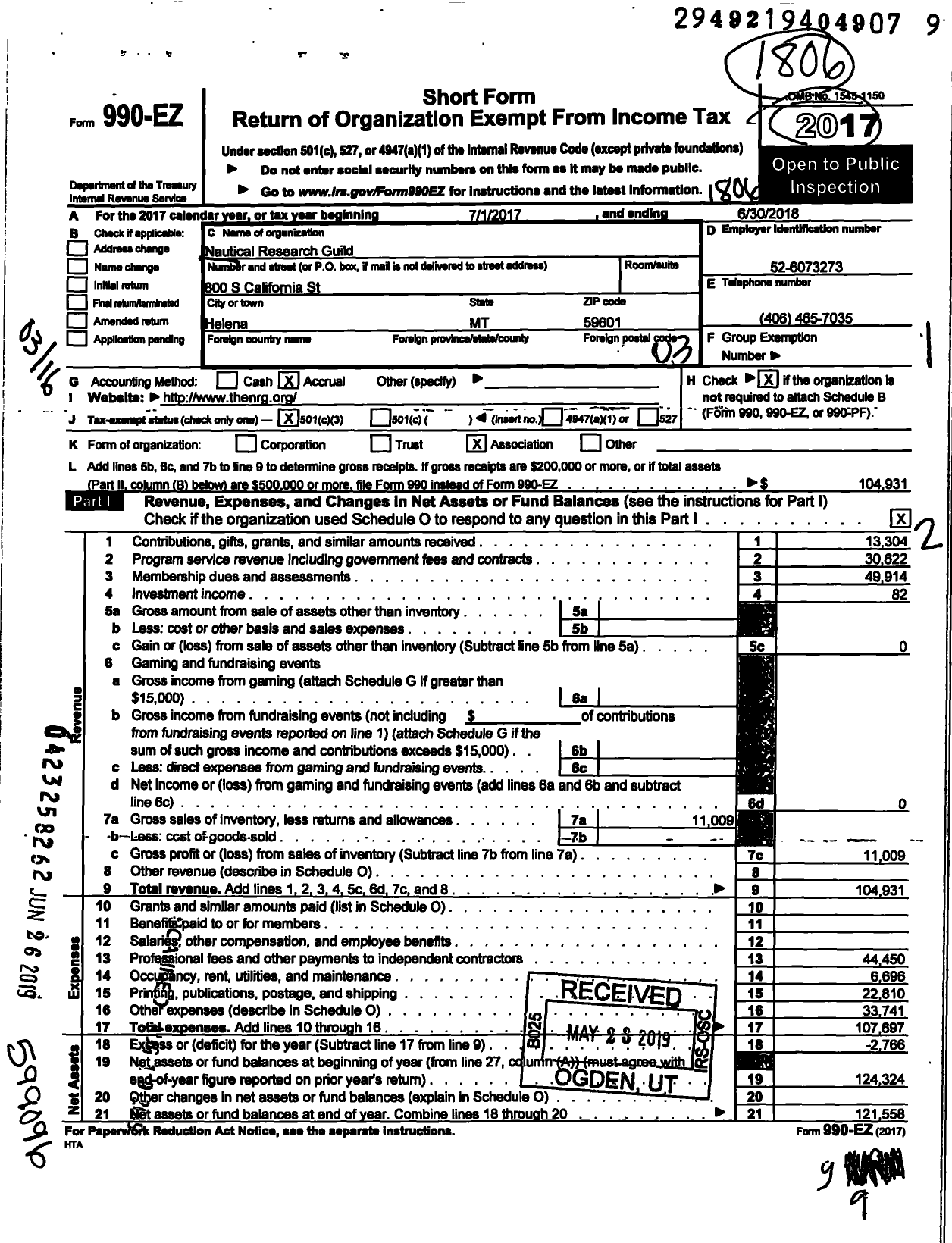 Image of first page of 2017 Form 990EZ for Nautical Research Guild