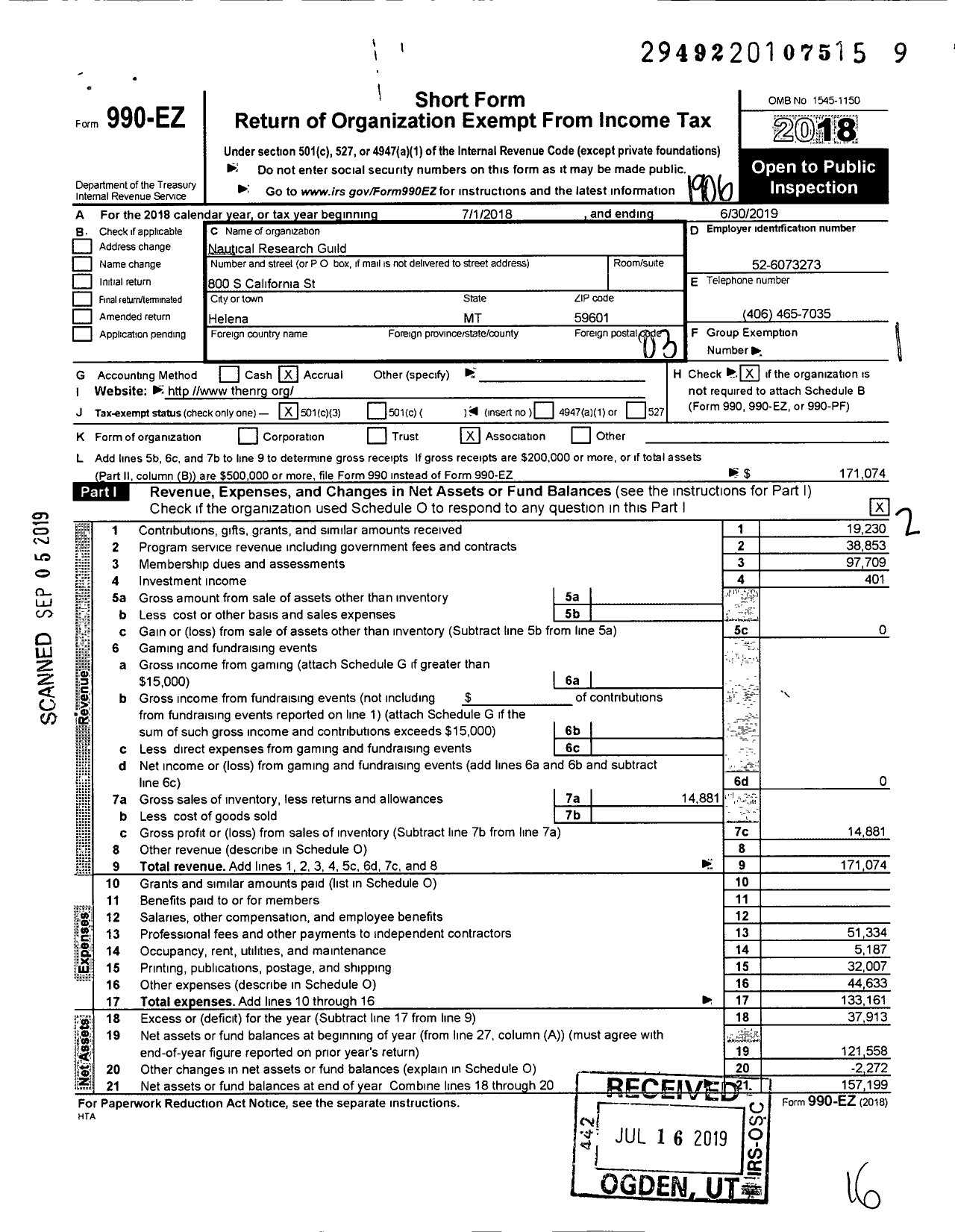 Image of first page of 2018 Form 990EZ for Nautical Research Guild