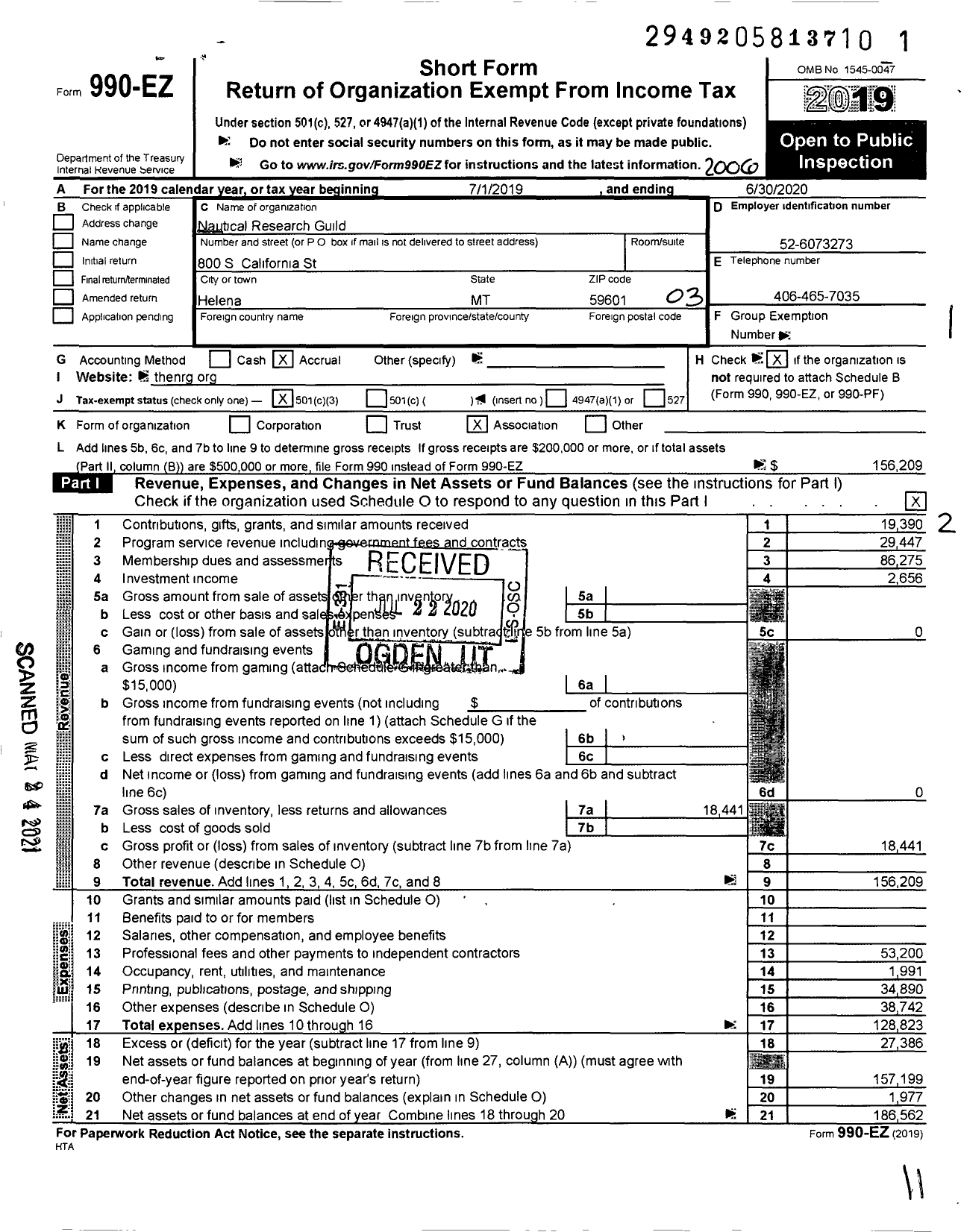 Image of first page of 2019 Form 990EZ for Nautical Research Guild