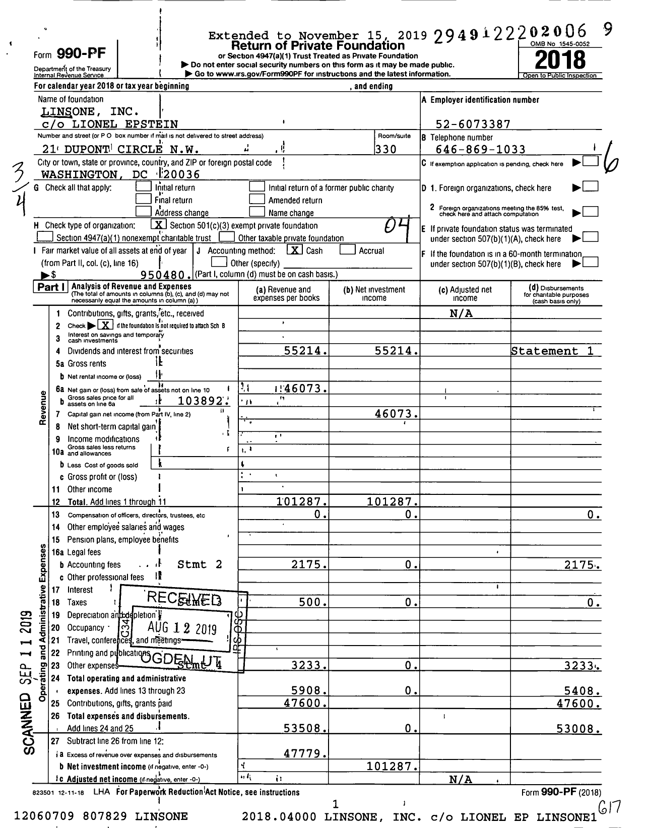 Image of first page of 2018 Form 990PF for Linsone