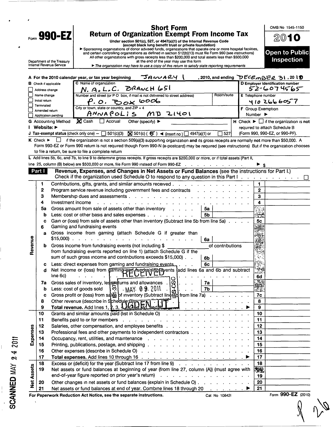 Image of first page of 2010 Form 990EO for National Association of Letter Carriers - 651 Annapolis Maryland