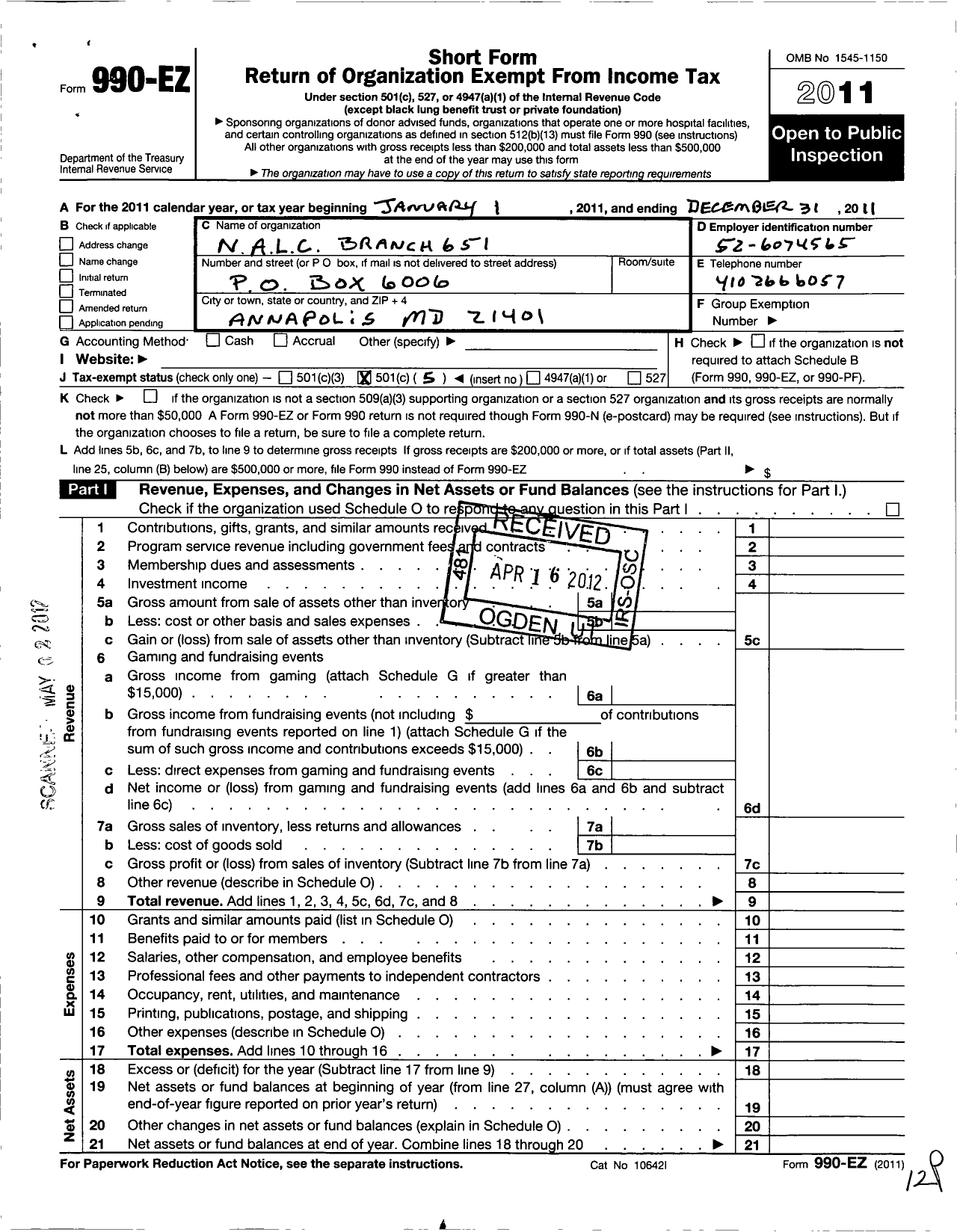 Image of first page of 2011 Form 990EO for National Association of Letter Carriers - 651 Annapolis Maryland