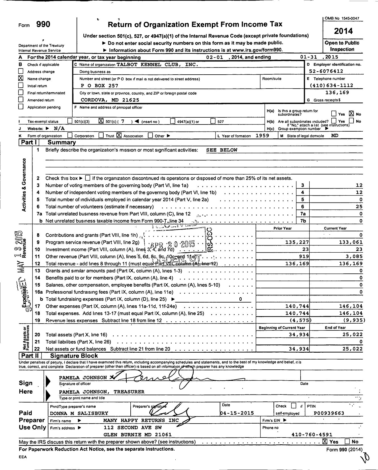 Image of first page of 2014 Form 990O for Talbot Kennel Club