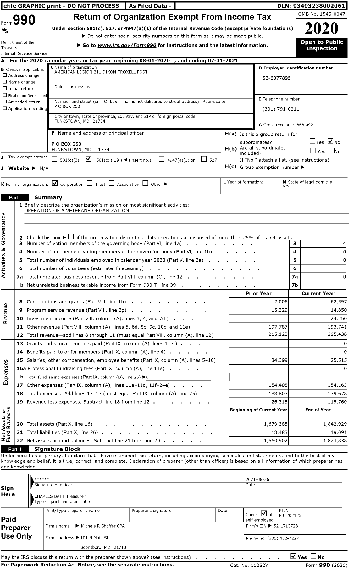 Image of first page of 2020 Form 990O for American Legion - 211 Dixon-Troxell Post