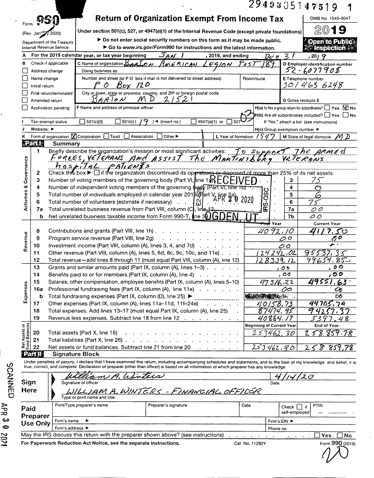 Image of first page of 2019 Form 990 for AMERICAN LEGION - Barton AMERICAN LEGION Post 189