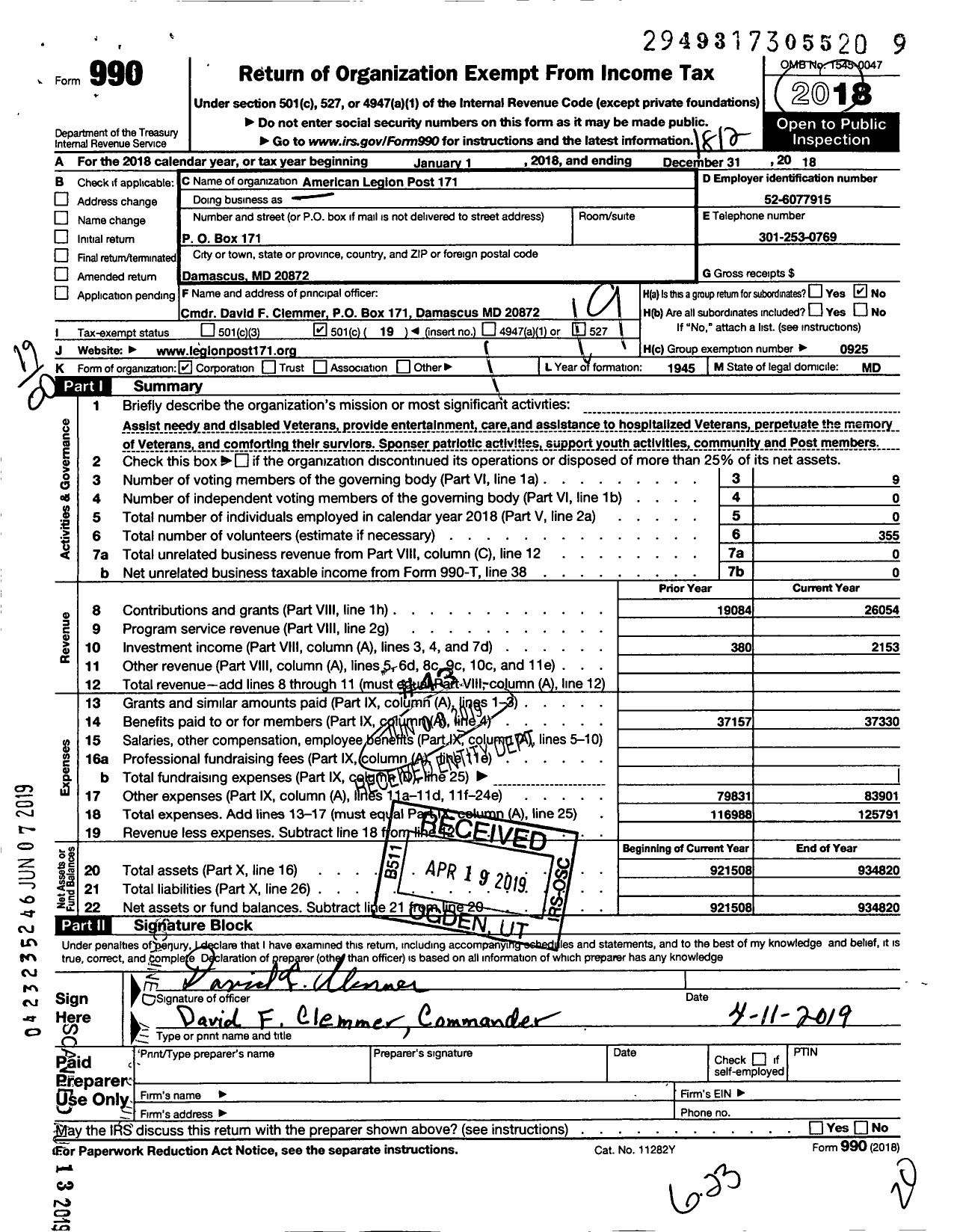 Image of first page of 2018 Form 990O for American Legion Post 171