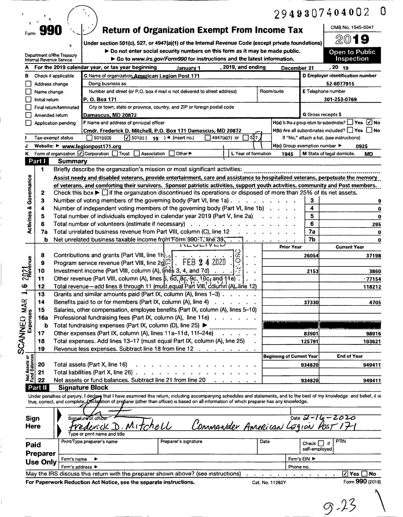 Image of first page of 2019 Form 990O for American Legion Post 171
