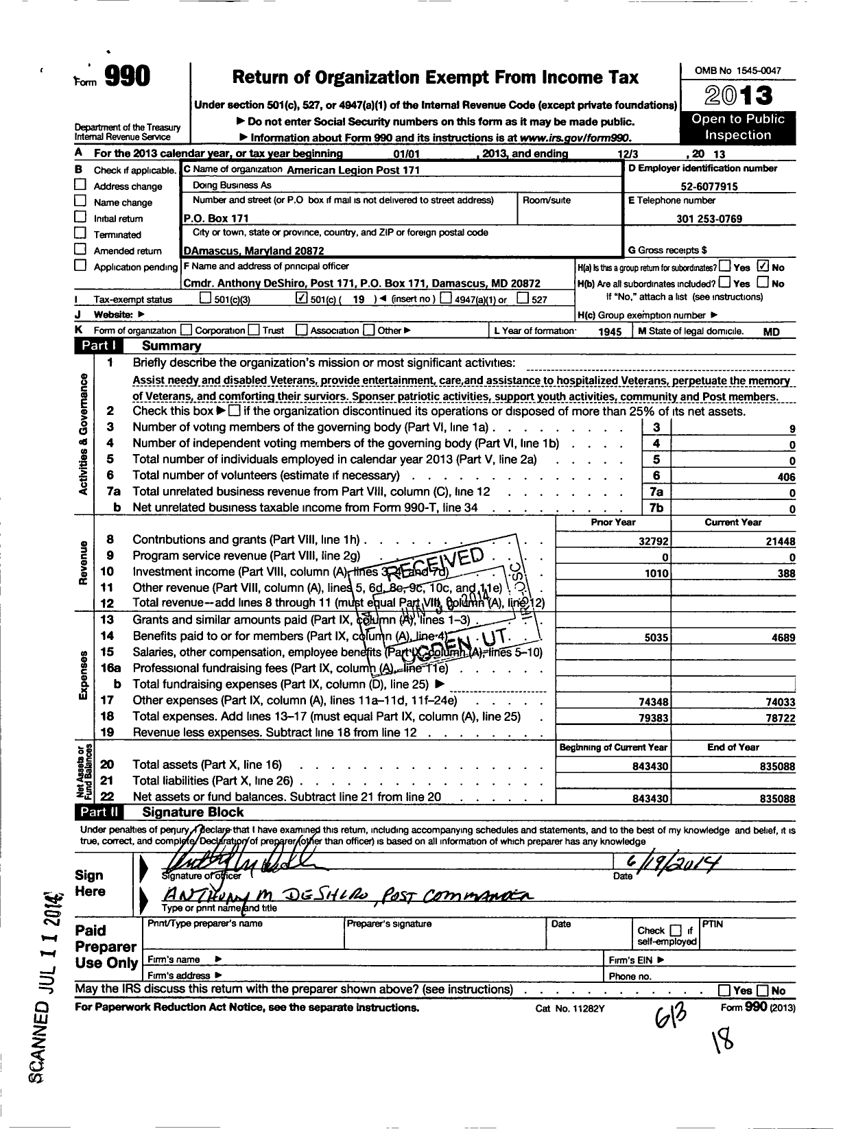 Image of first page of 2013 Form 990O for American Legion Post 171