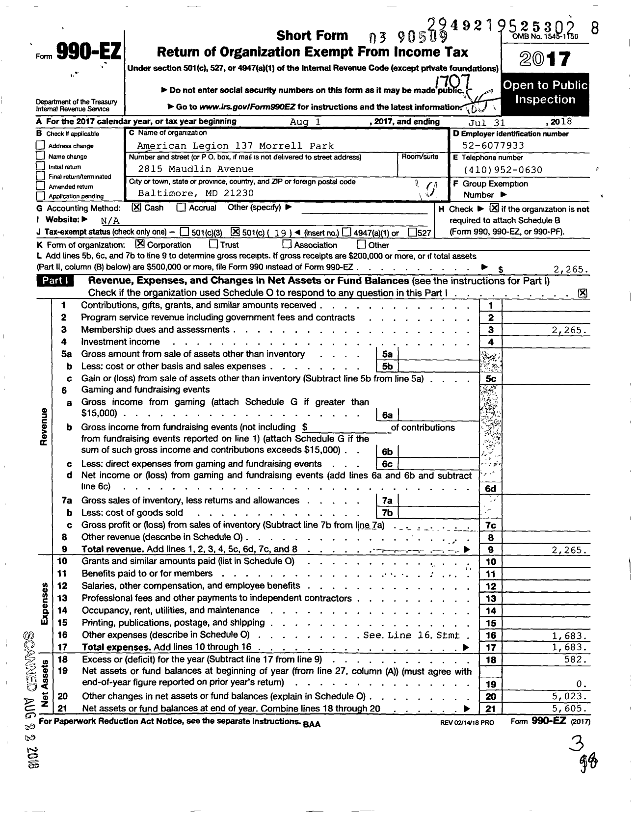 Image of first page of 2016 Form 990EO for American Legion 137 Morrell Park