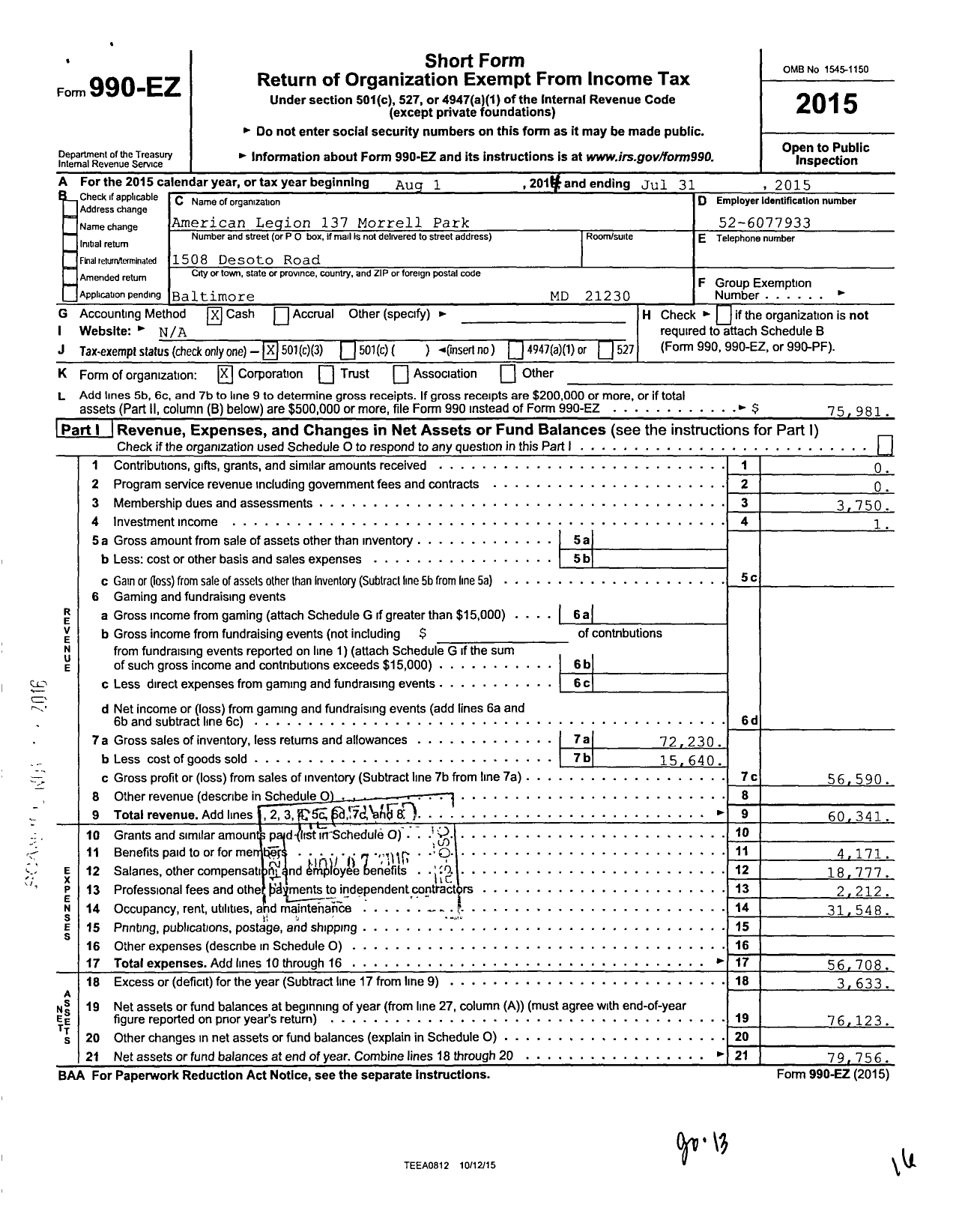 Image of first page of 2014 Form 990EZ for American Legion 137 Morrell Park