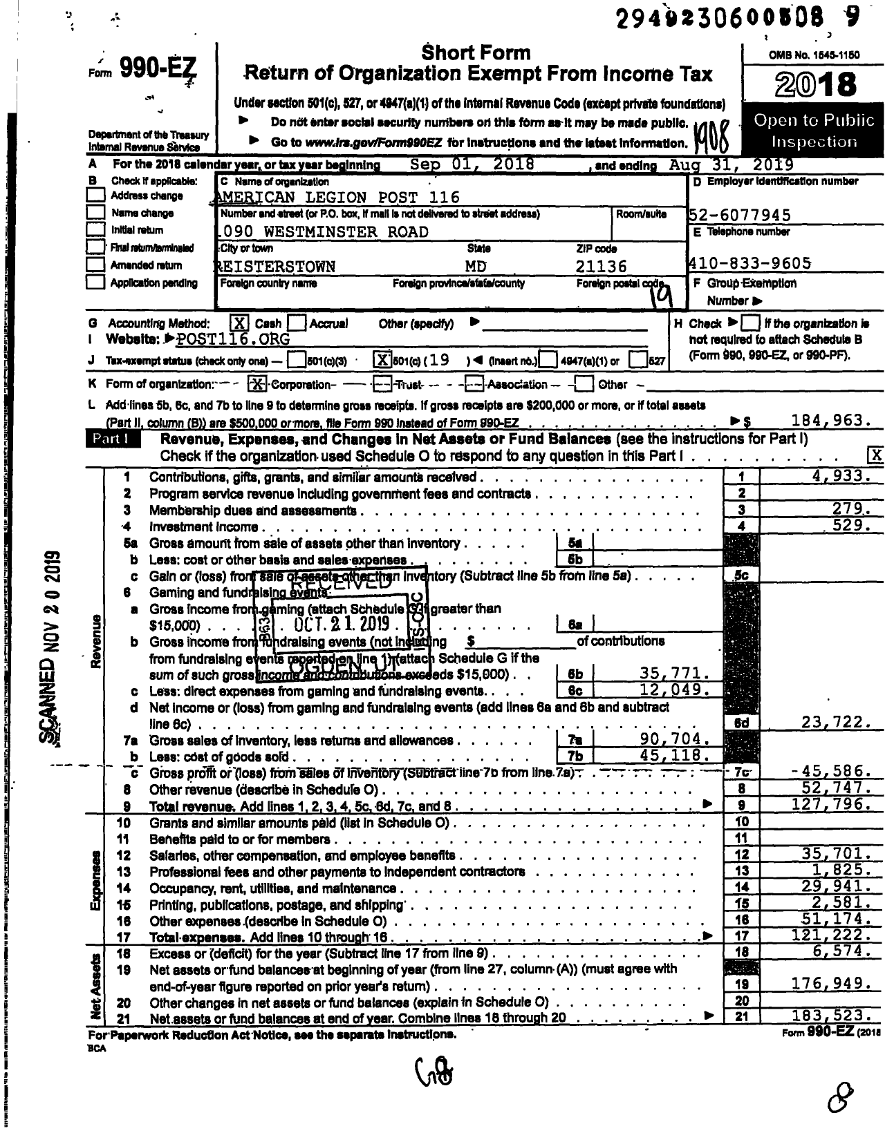 Image of first page of 2018 Form 990EO for American Legion - 116 Reisterstown