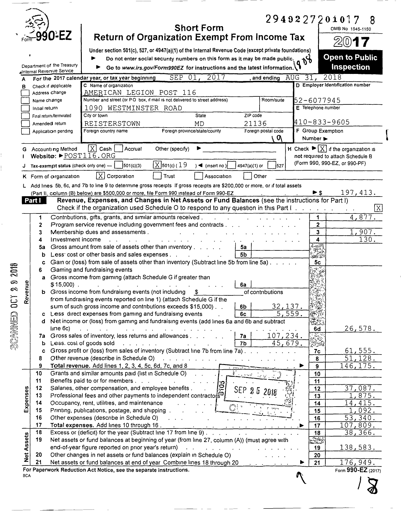 Image of first page of 2017 Form 990EO for American Legion - 116 Reisterstown