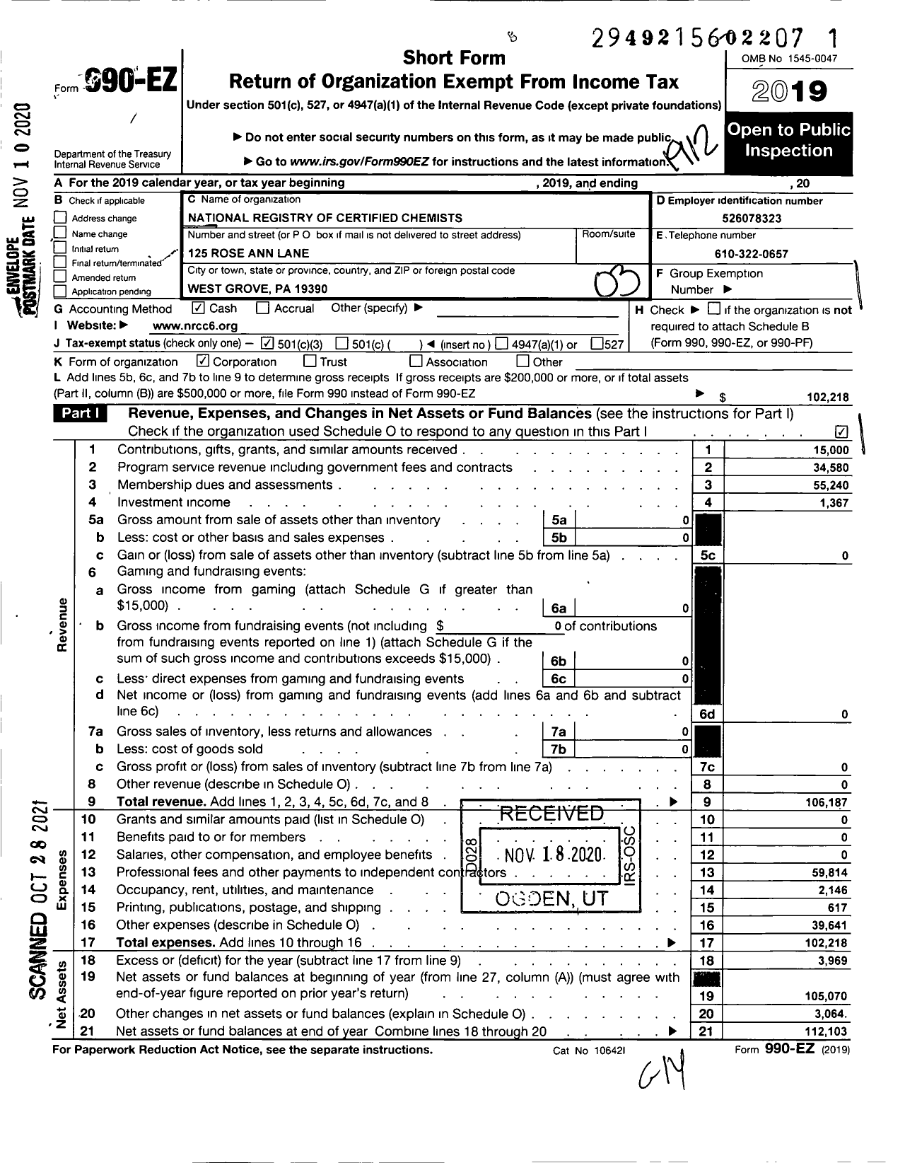 Image of first page of 2019 Form 990EZ for National Registry of Certified Chemists