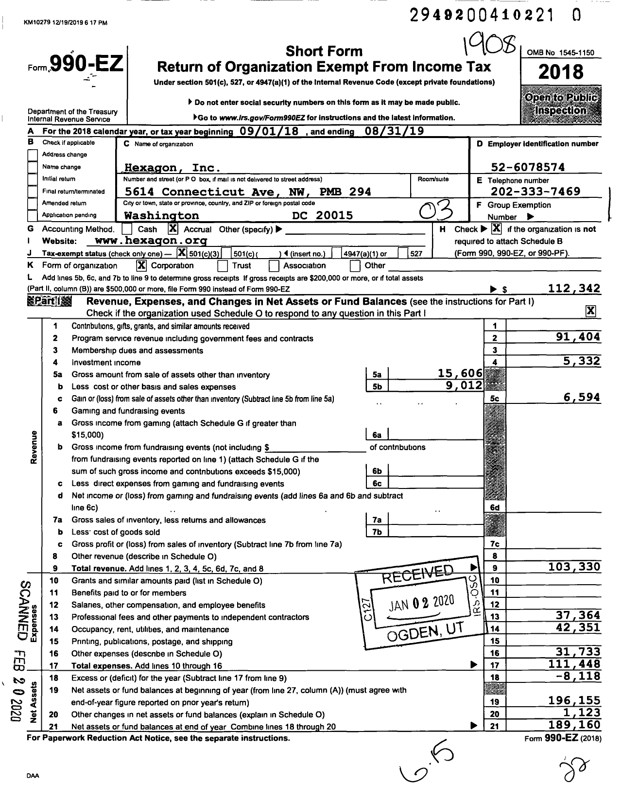 Image of first page of 2018 Form 990EZ for Hexagon