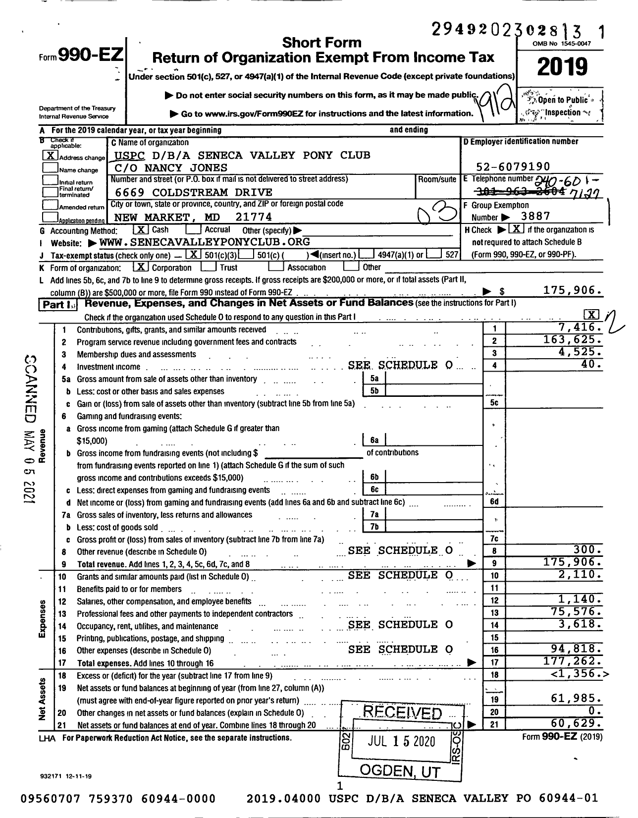 Image of first page of 2019 Form 990EZ for Seneca Valley Pony Club