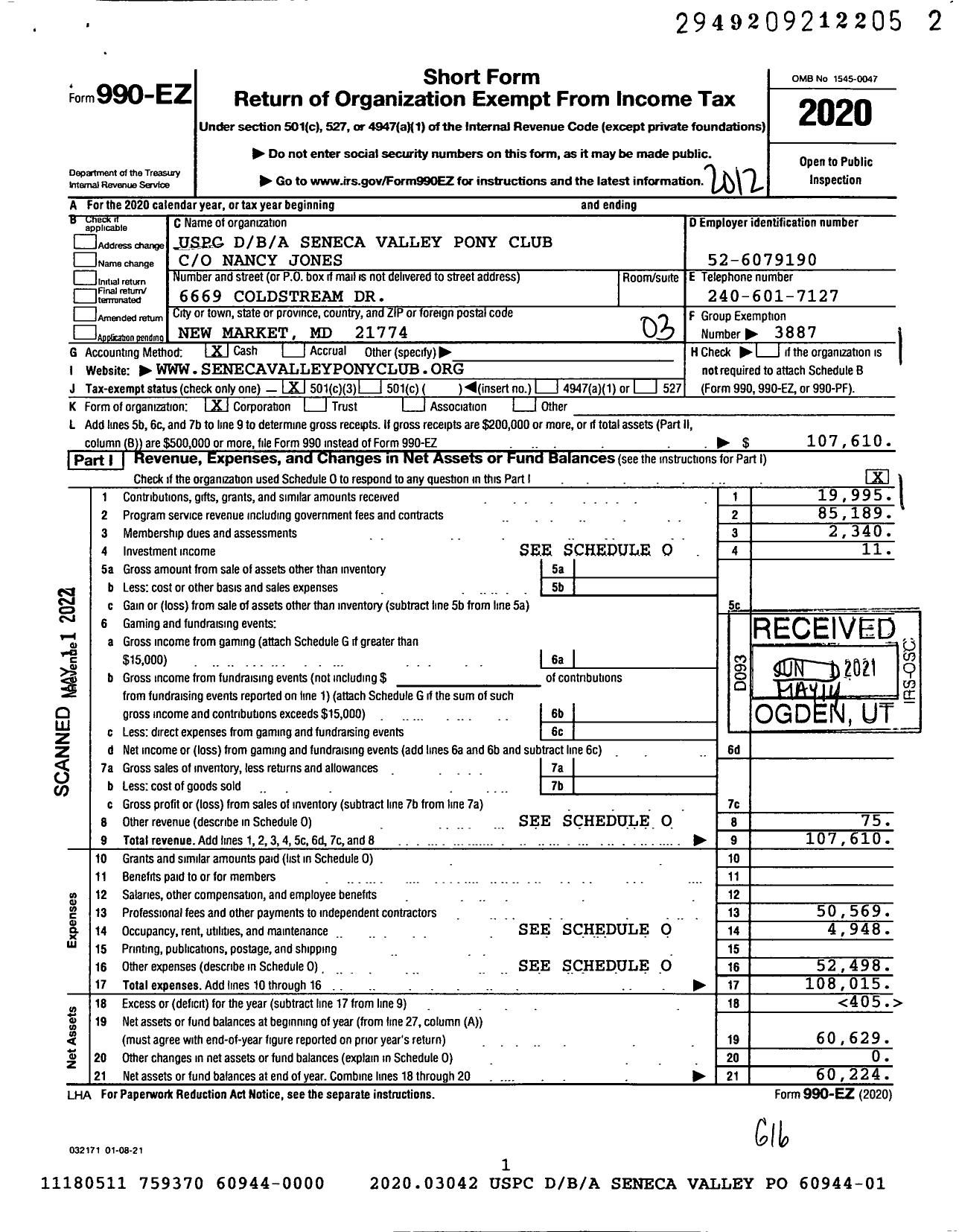 Image of first page of 2020 Form 990EZ for Seneca Valley Pony Club