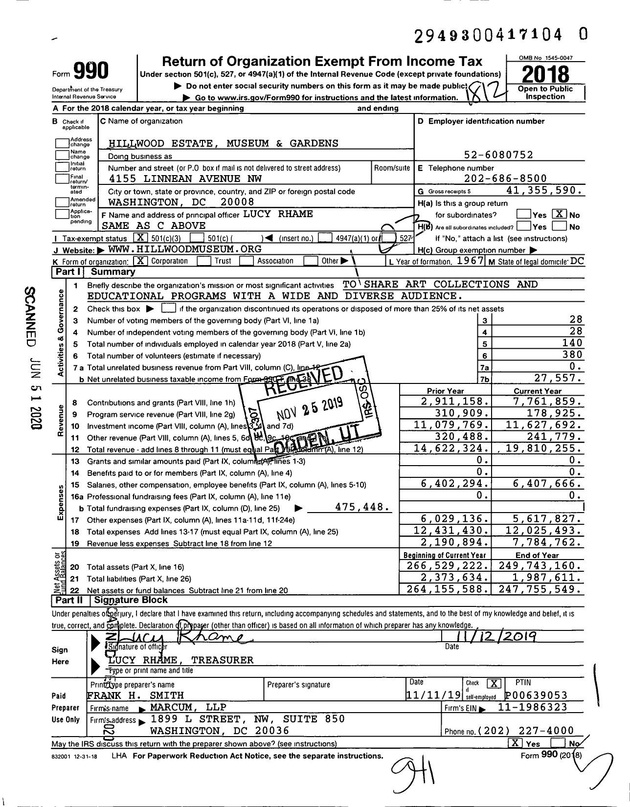 Image of first page of 2018 Form 990 for Hillwood Estate Museum and Gardens