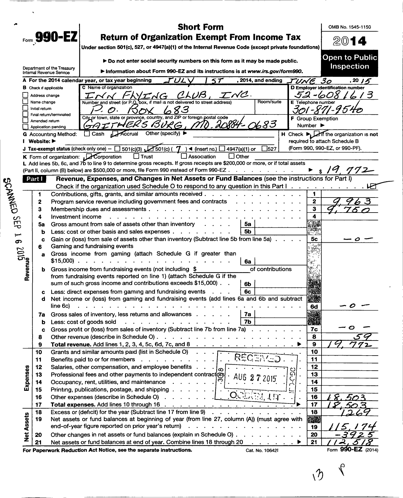 Image of first page of 2014 Form 990EO for Inn Flying Club