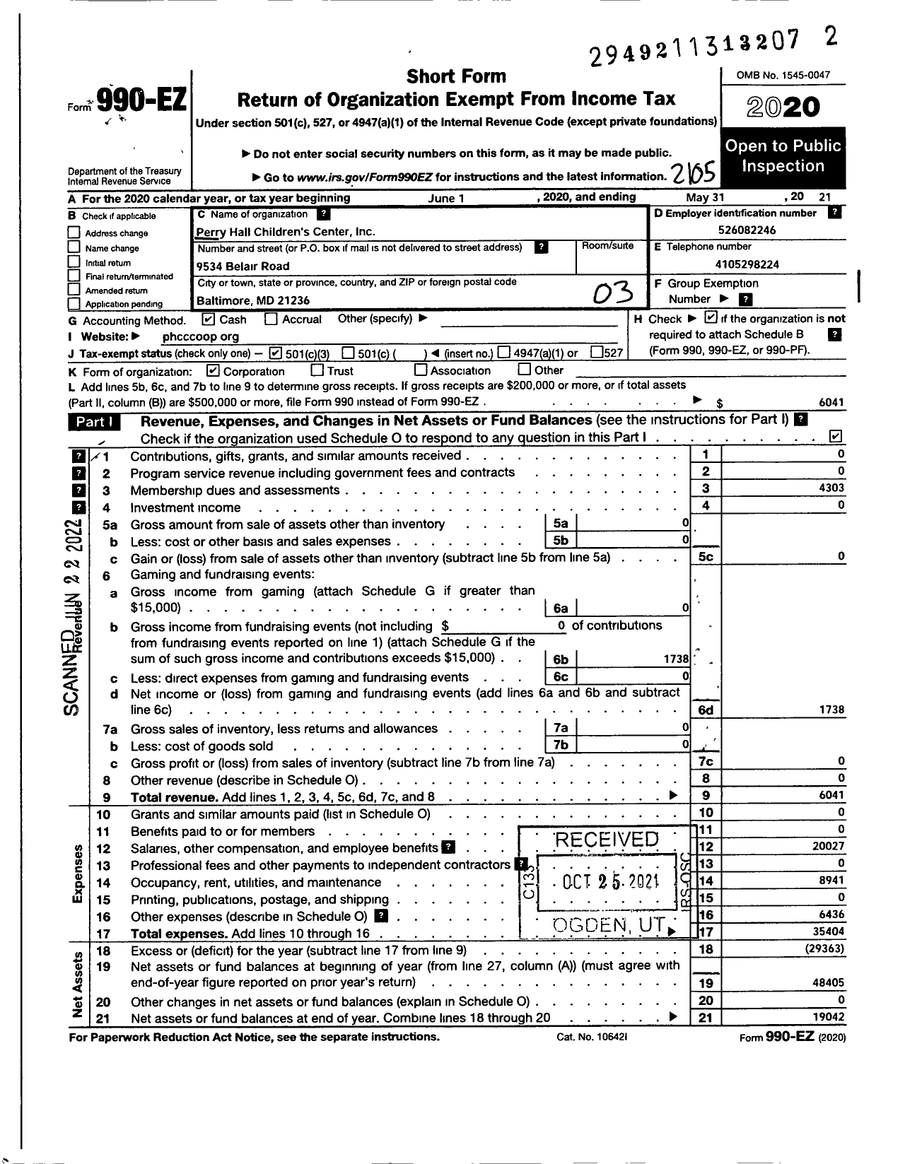 Image of first page of 2020 Form 990EZ for Perry Hall Childrens Center