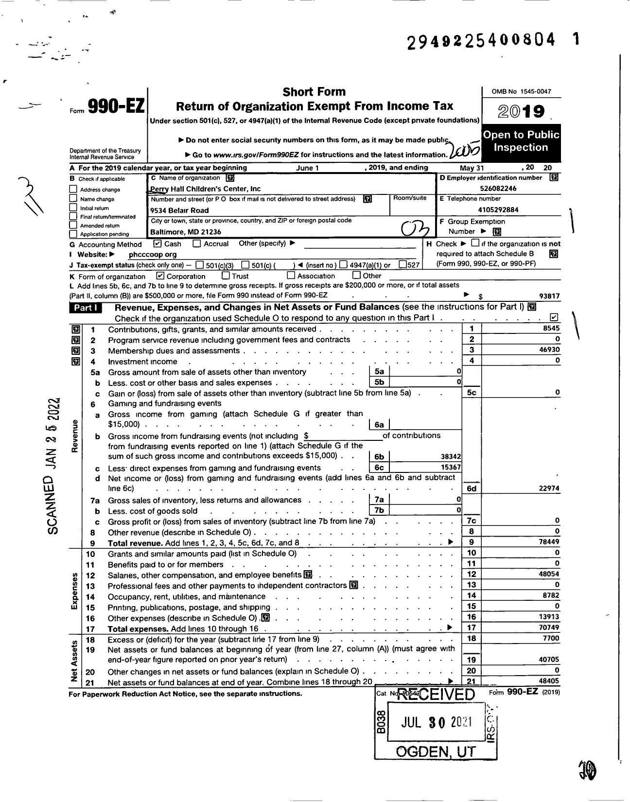 Image of first page of 2019 Form 990EZ for Perry Hall Childrens Center