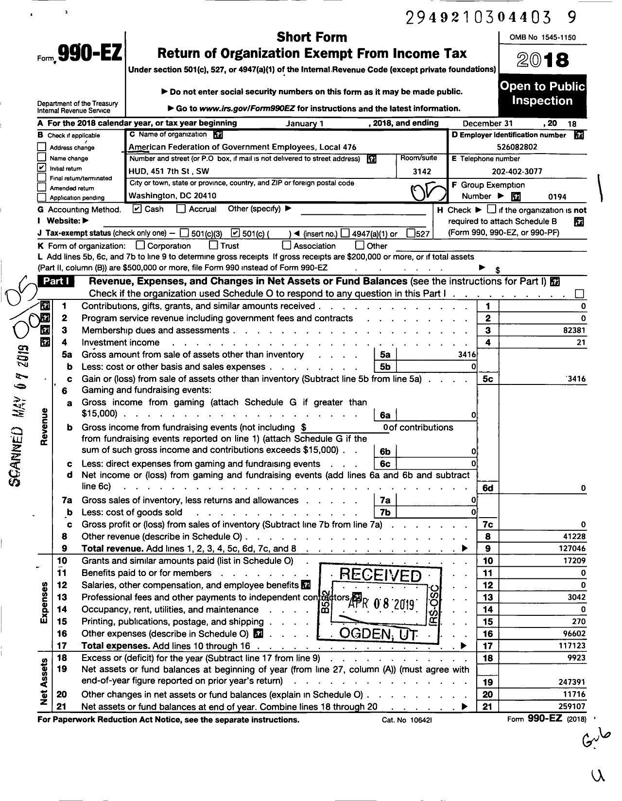 Image of first page of 2018 Form 990EO for American Federation of Government Employees - 0476 Afge Hud Local