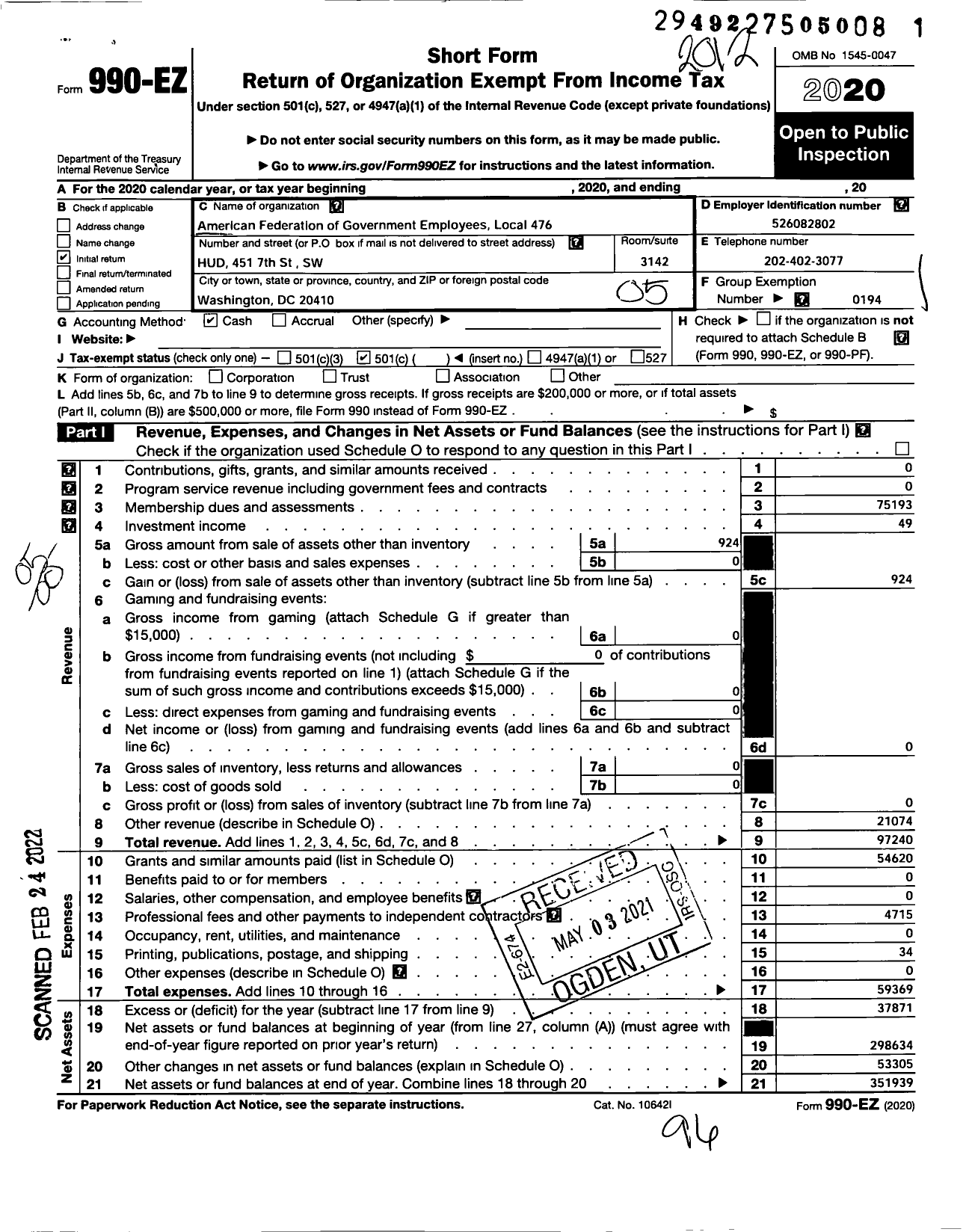 Image of first page of 2020 Form 990EO for American Federation of Government Employees - 0476 Afge Hud Local