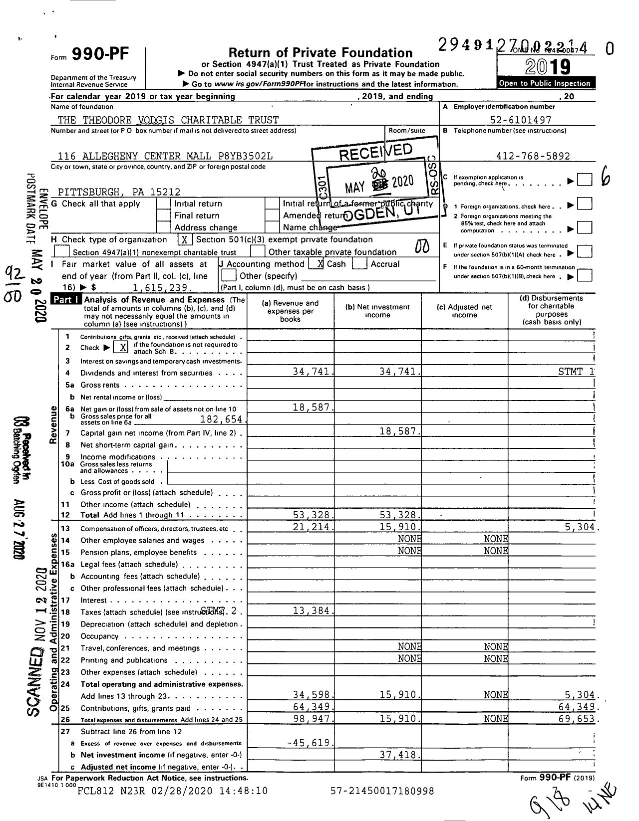 Image of first page of 2019 Form 990PF for Theodore Theodore Vodgis Charitable Trust