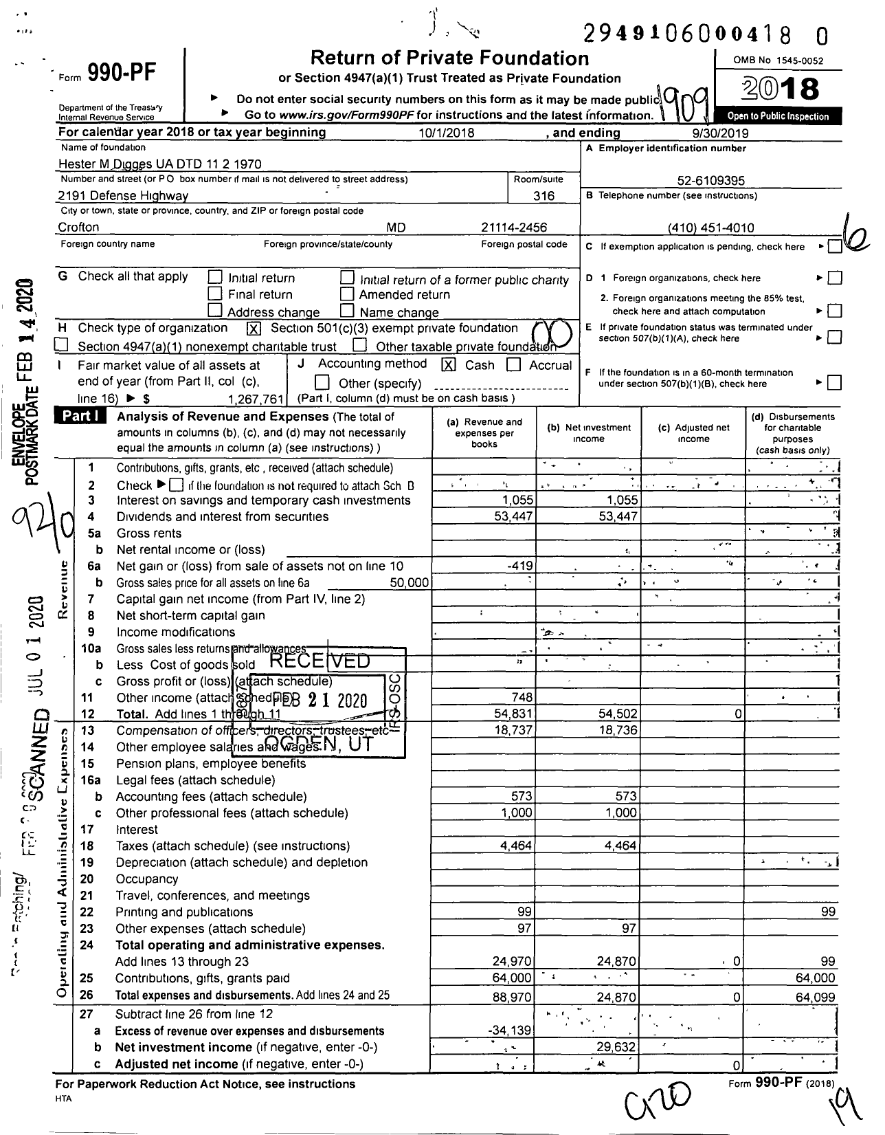 Image of first page of 2018 Form 990PR for Hester M Digges UA DTD 11 2 1970