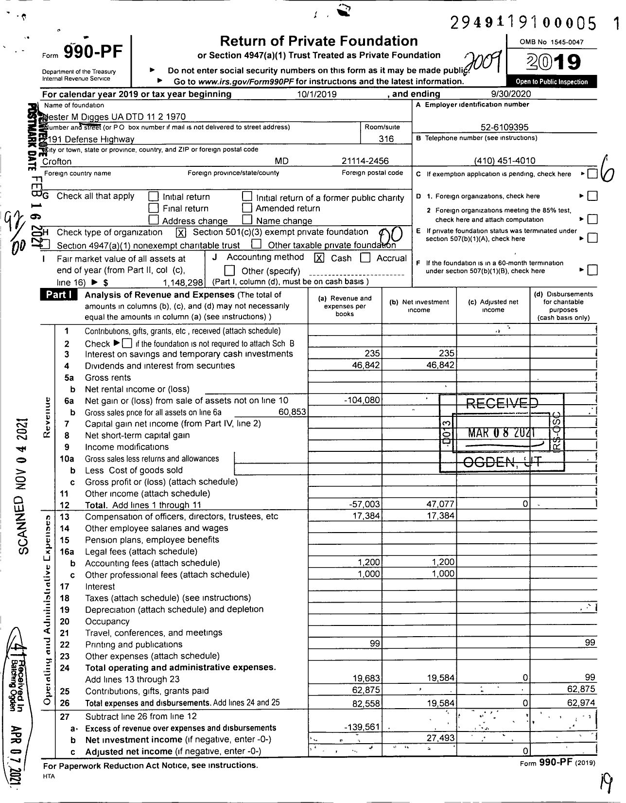 Image of first page of 2019 Form 990PF for Hester M Digges UA DTD 11 2 1970