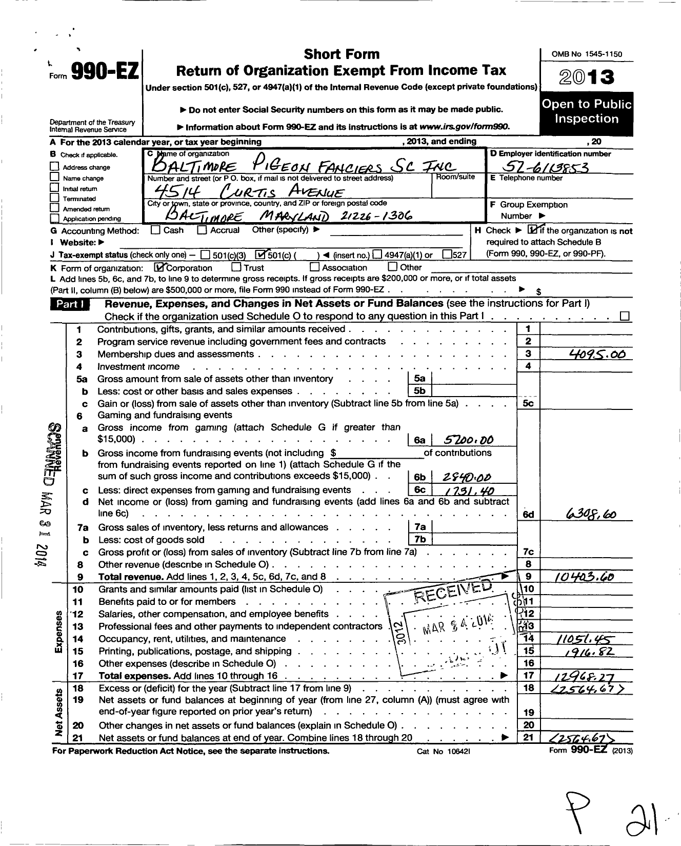 Image of first page of 2013 Form 990EO for South Baltimore Pigeon Fanciers Social Club Incorporated