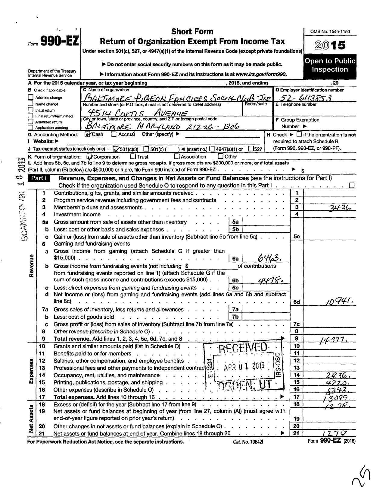 Image of first page of 2015 Form 990EZ for South Baltimore Pigeon Fanciers Social Club Incorporated