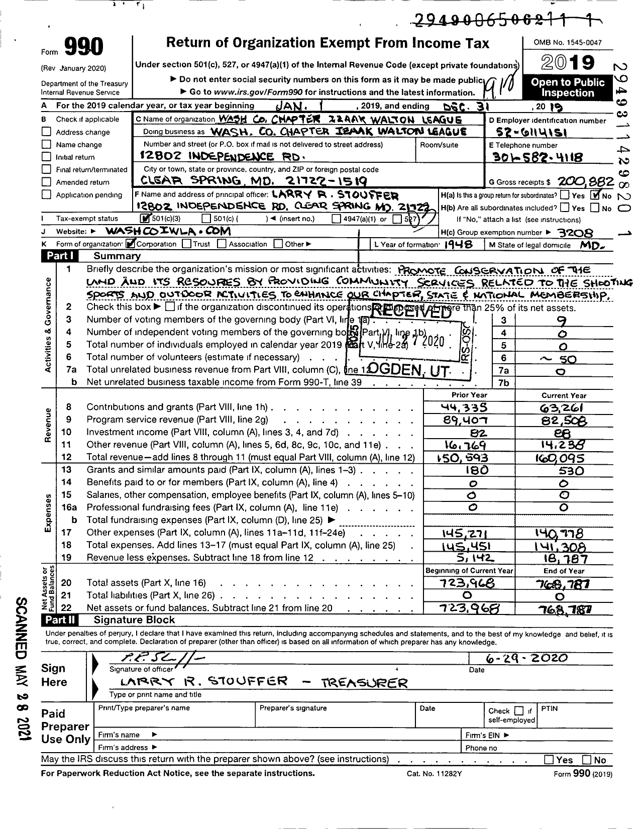 Image of first page of 2019 Form 990 for Izaak Walton League of America - Washington County Chapter