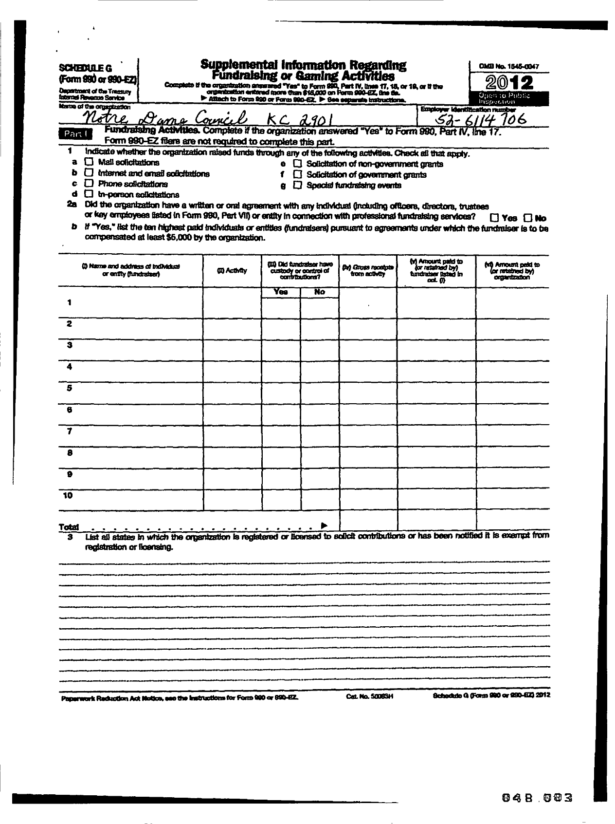 Image of first page of 2011 Form 990EOR for Knights of Columbus - 2901 Notre Dame Council 2901