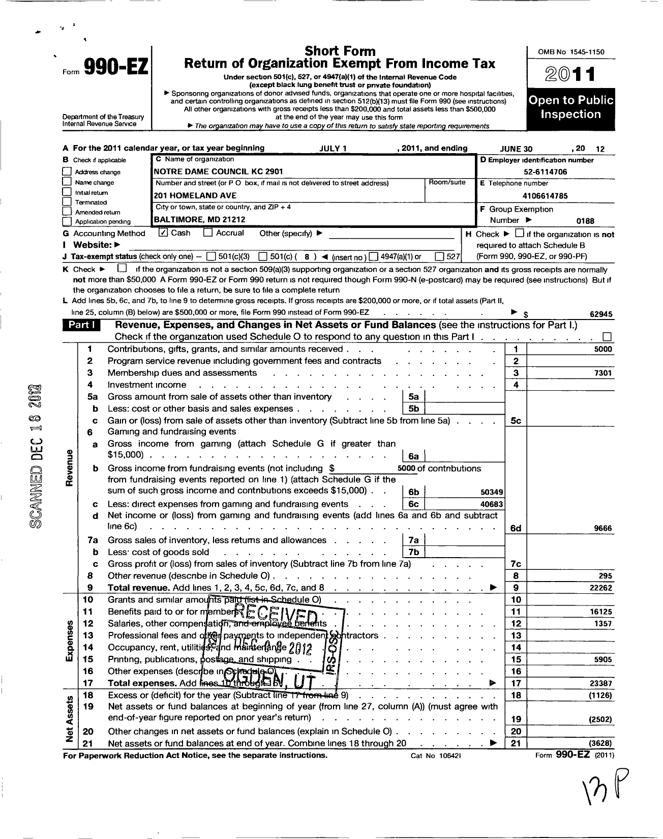 Image of first page of 2011 Form 990EO for Knights of Columbus - 2901 Notre Dame Council 2901