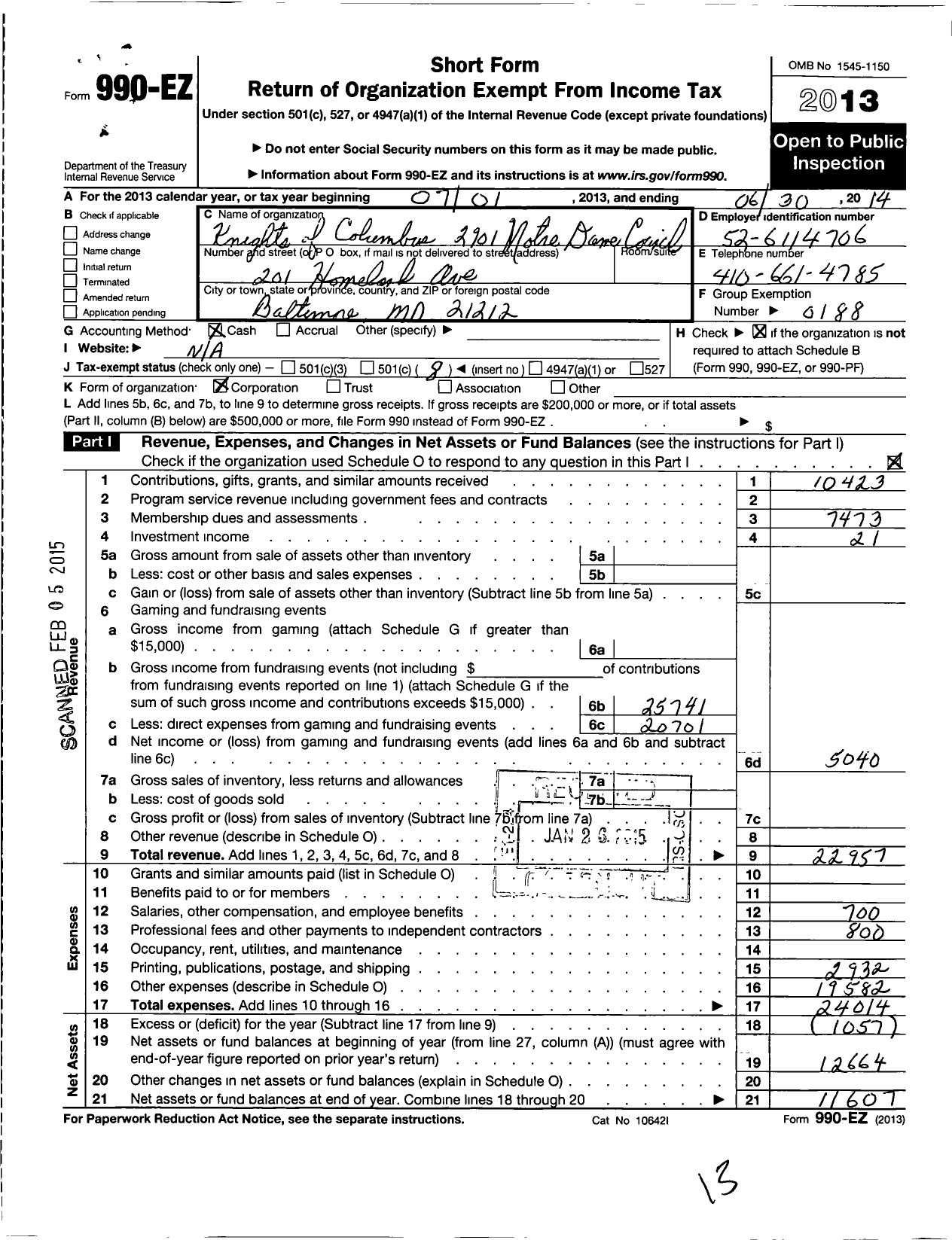 Image of first page of 2013 Form 990EO for Knights of Columbus - 2901 Notre Dame Council 2901