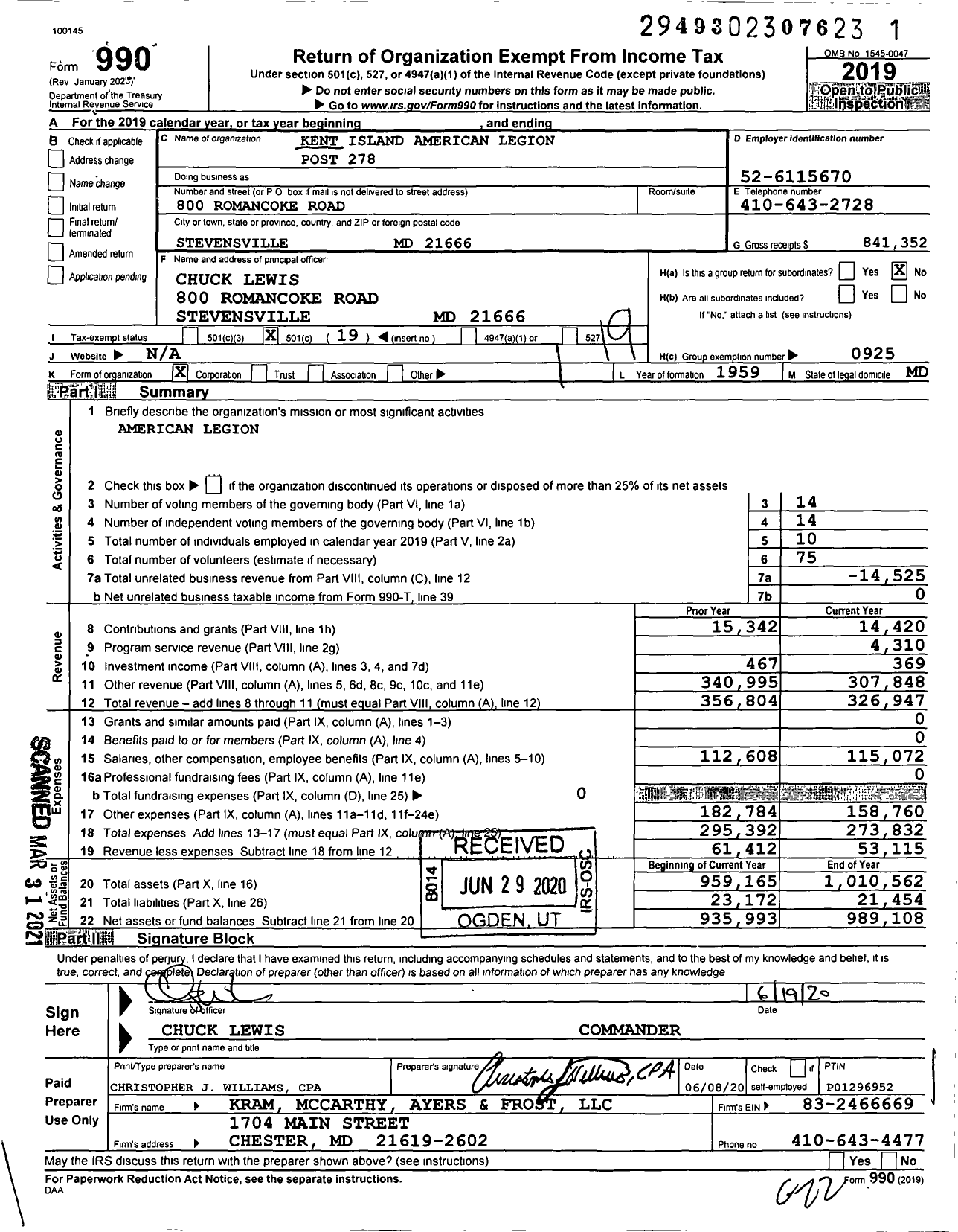 Image of first page of 2019 Form 990O for American Legion - 278 Kent Island